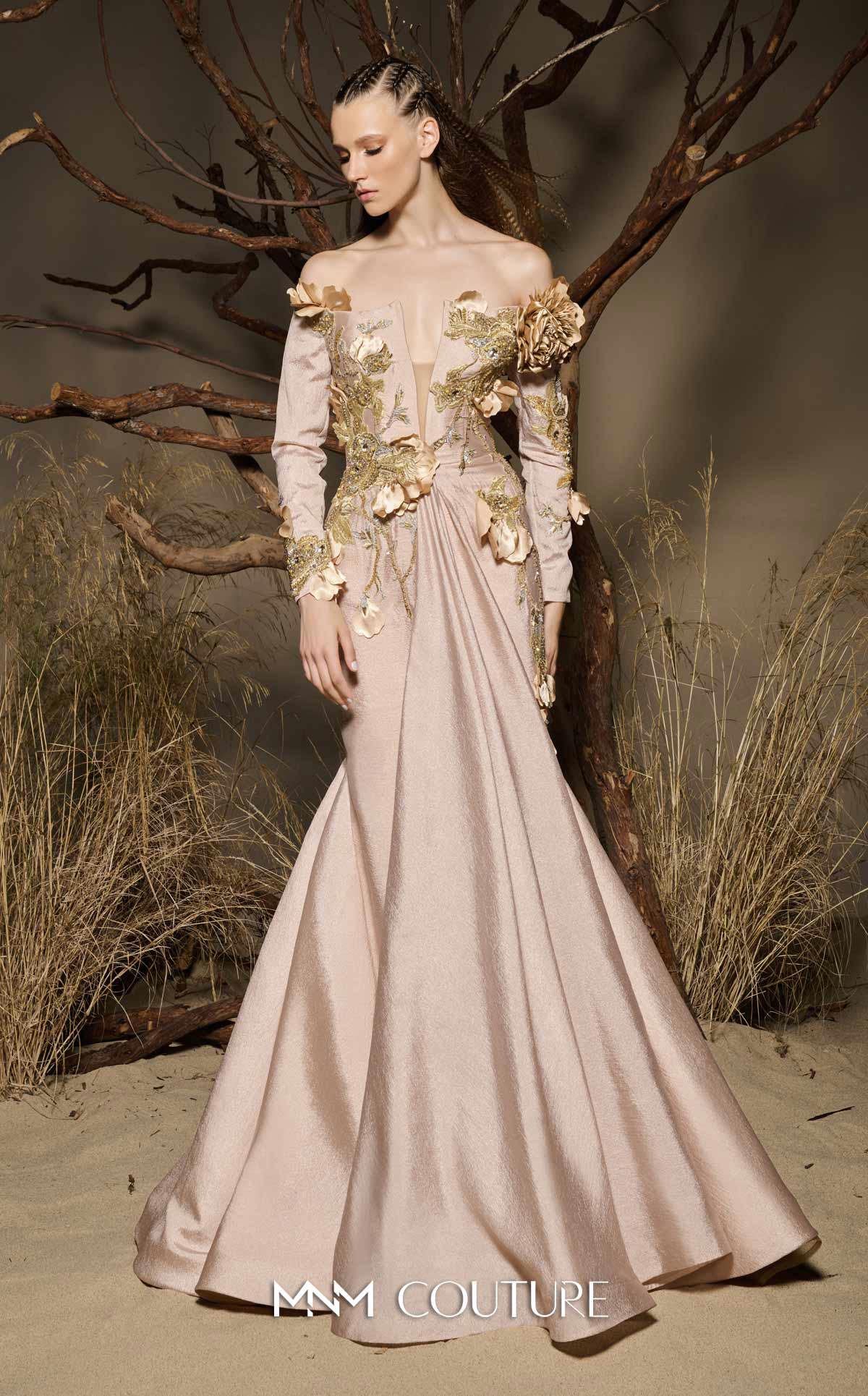 Beige Off-the-Shoulder Floor-Length Mikado Formal Dress Appliqué Mermaid Gown MNM Couture F02986