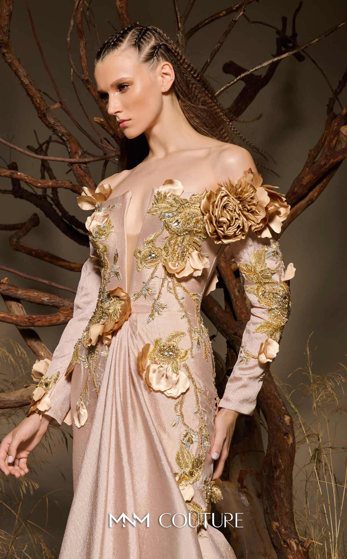 Beige Off-the-Shoulder Floor-Length Mikado Formal Dress Appliqué Mermaid Gown MNM Couture F02986