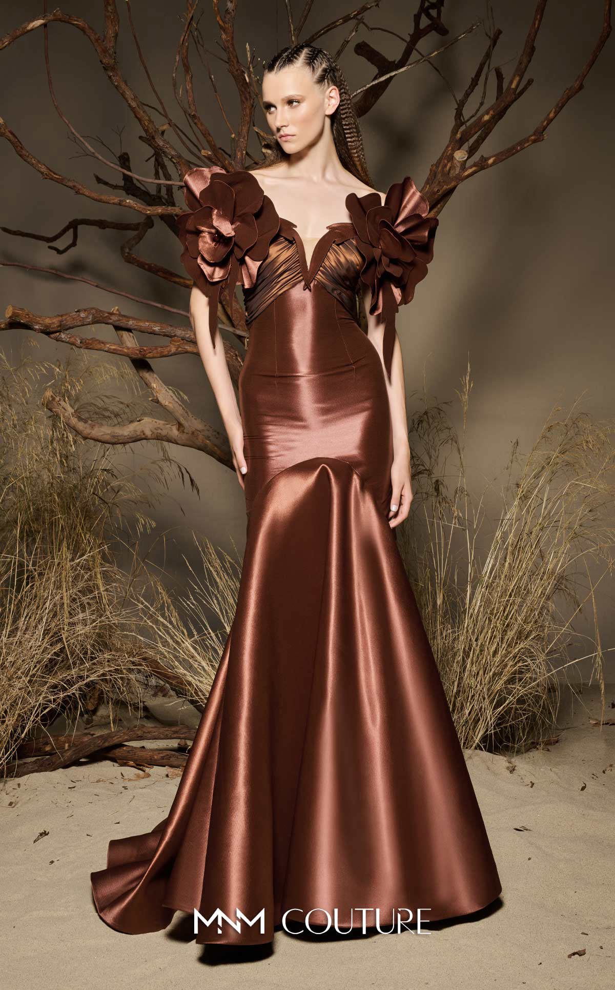 Prom Dresses Long Formal 3D Floral Mermaid Prom Dress MNM Couture F02993 Brown