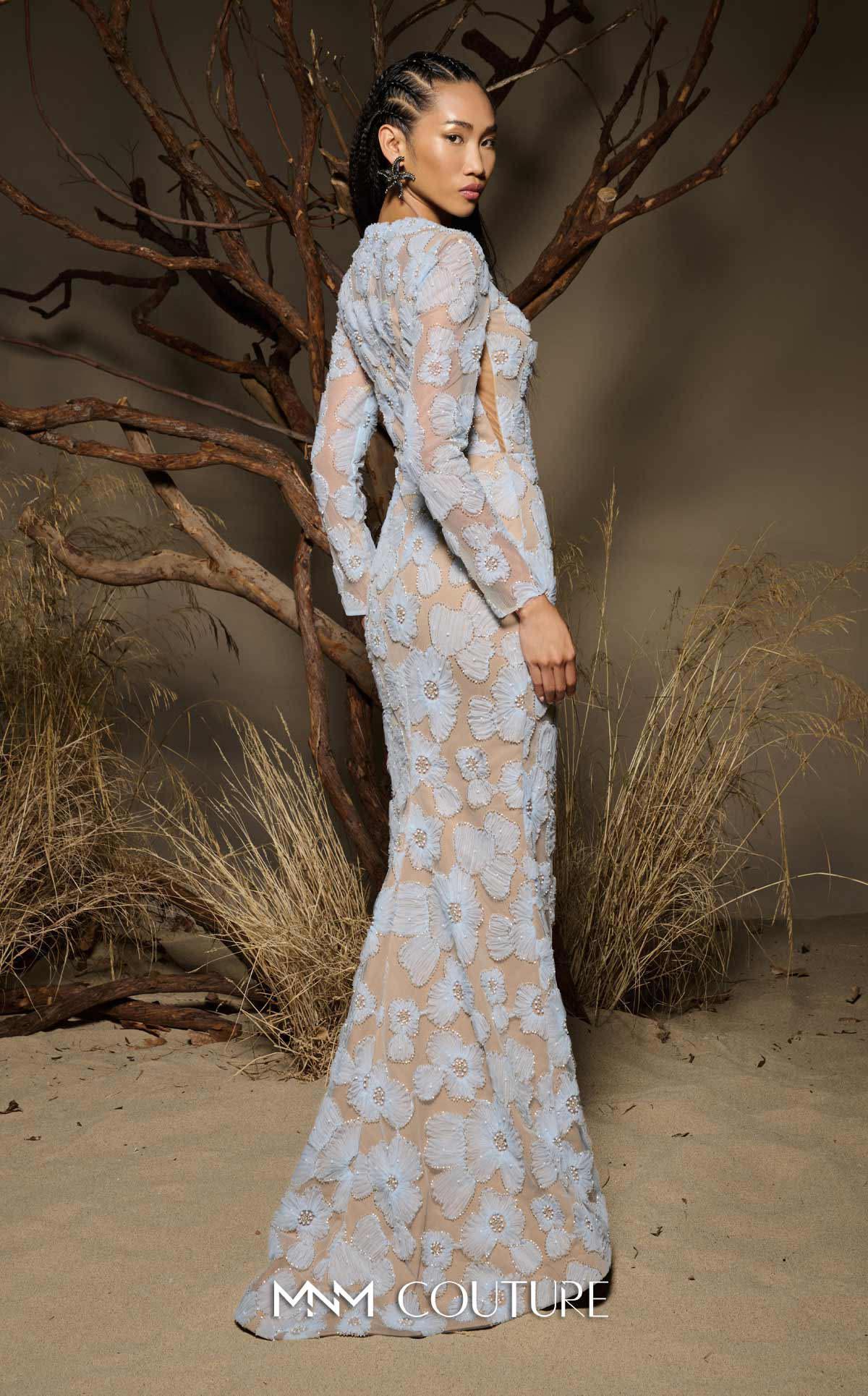 Mother of the Bride Dresses Long Sleeve Floral Applique Formal Fitted Mother of the Bride Dress MNM Couture F02997 Blue