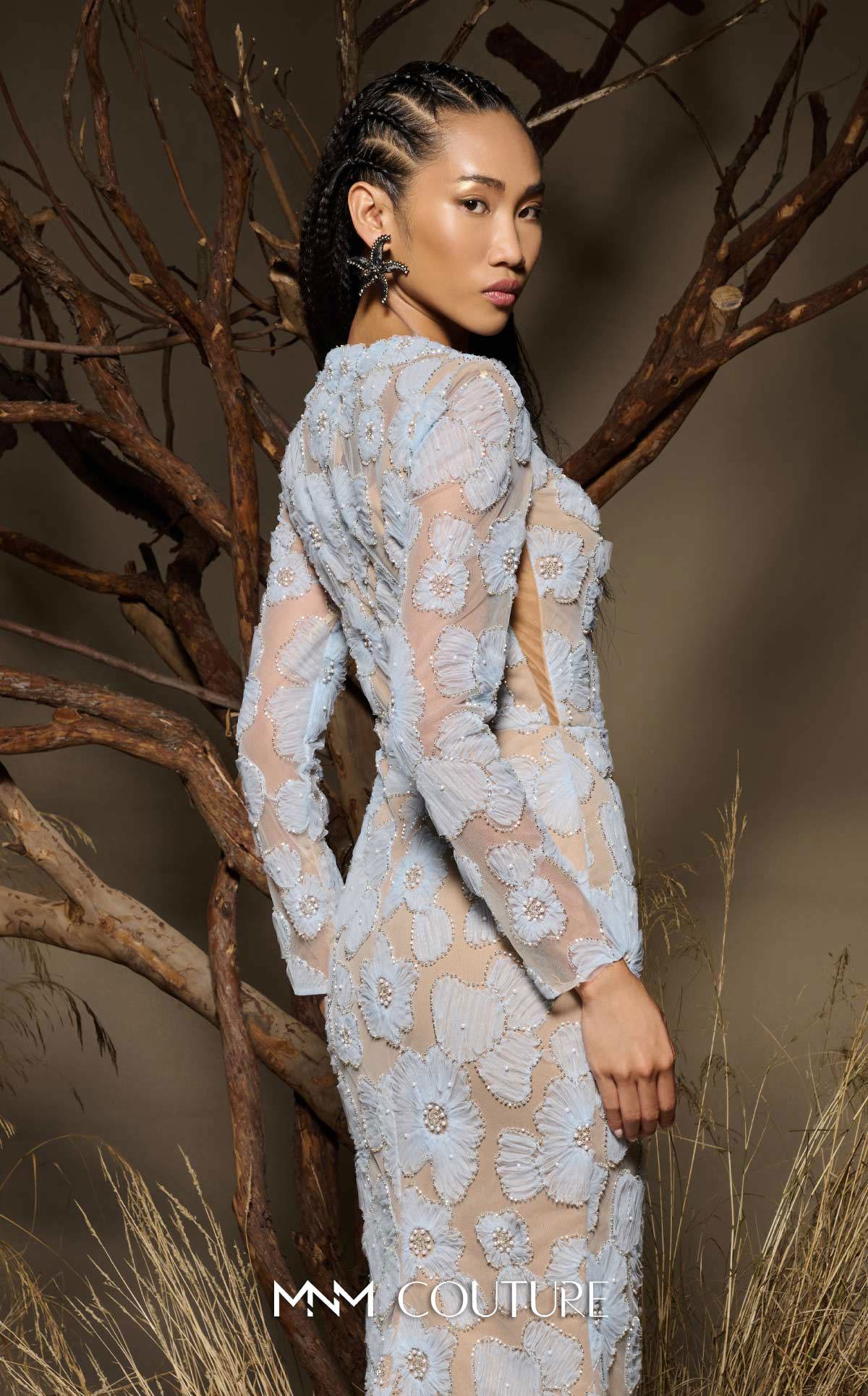 Mother of the Bride Dresses Long Sleeve Floral Applique Formal Fitted Mother of the Bride Dress MNM Couture F02997 Blue