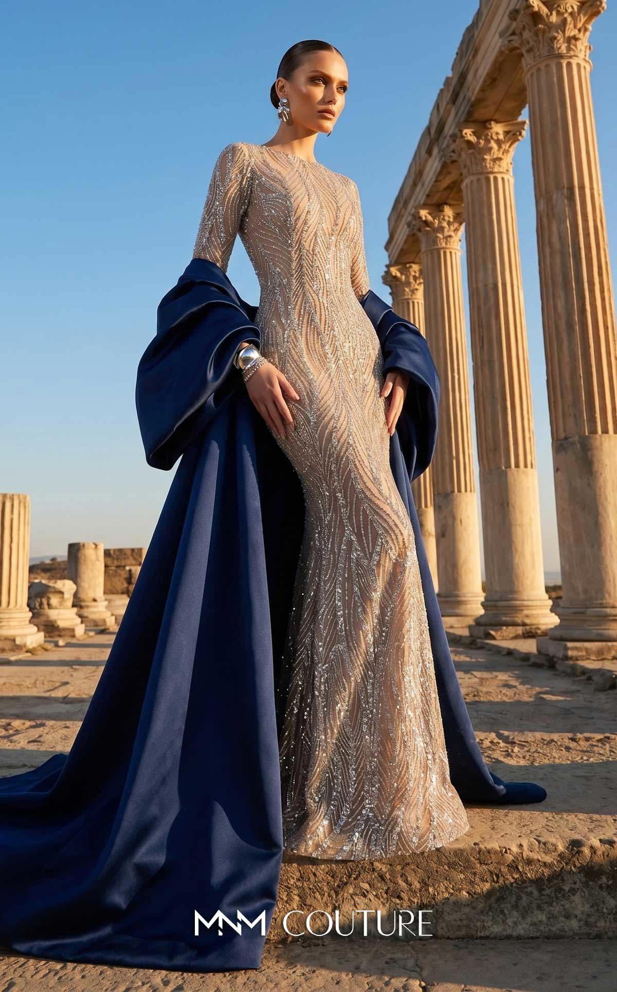 Crew/High-Neck Floor-Length with Train Sequin Formal Sheath/Column MNM Couture F03004