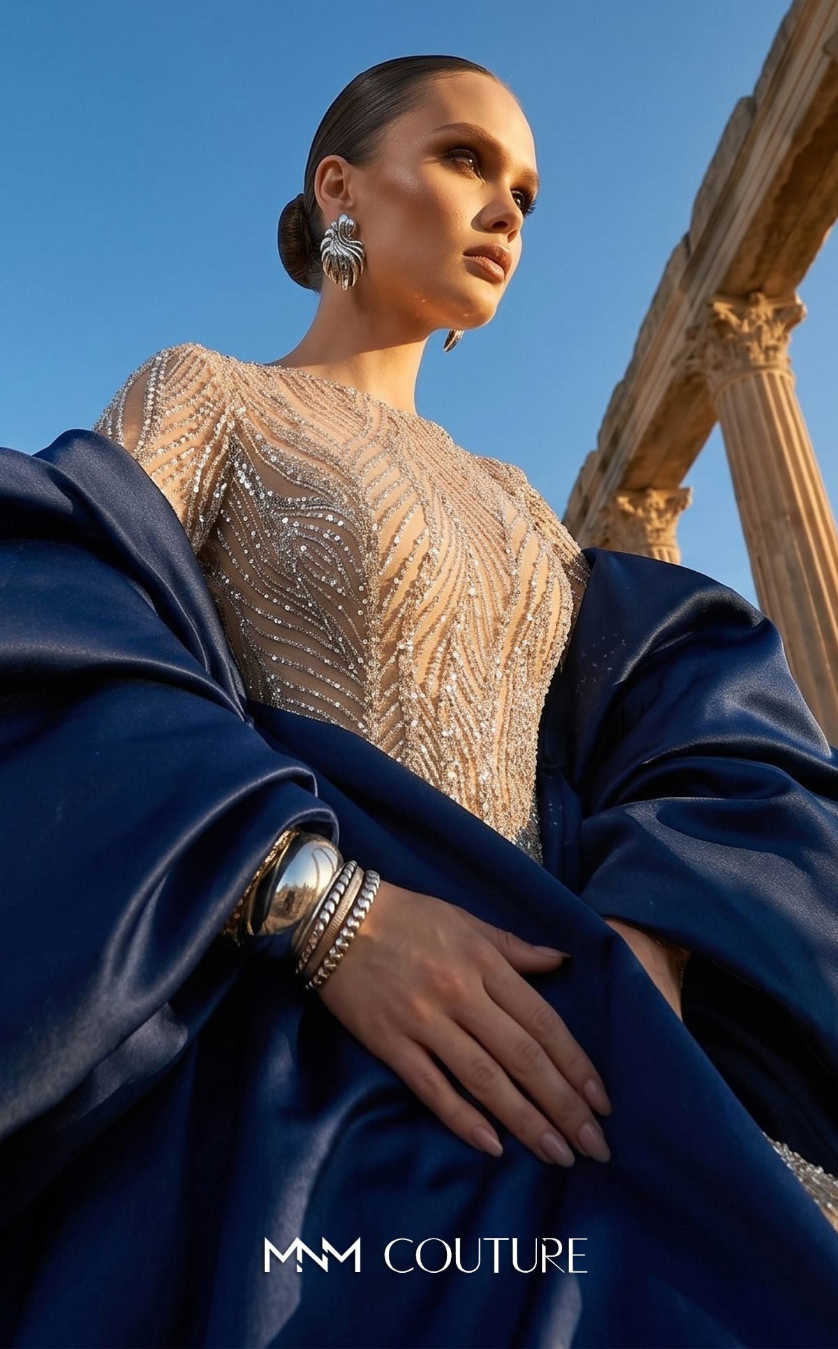 Crew/High-Neck Floor-Length with Train Sequin Formal Sheath/Column MNM Couture F03004