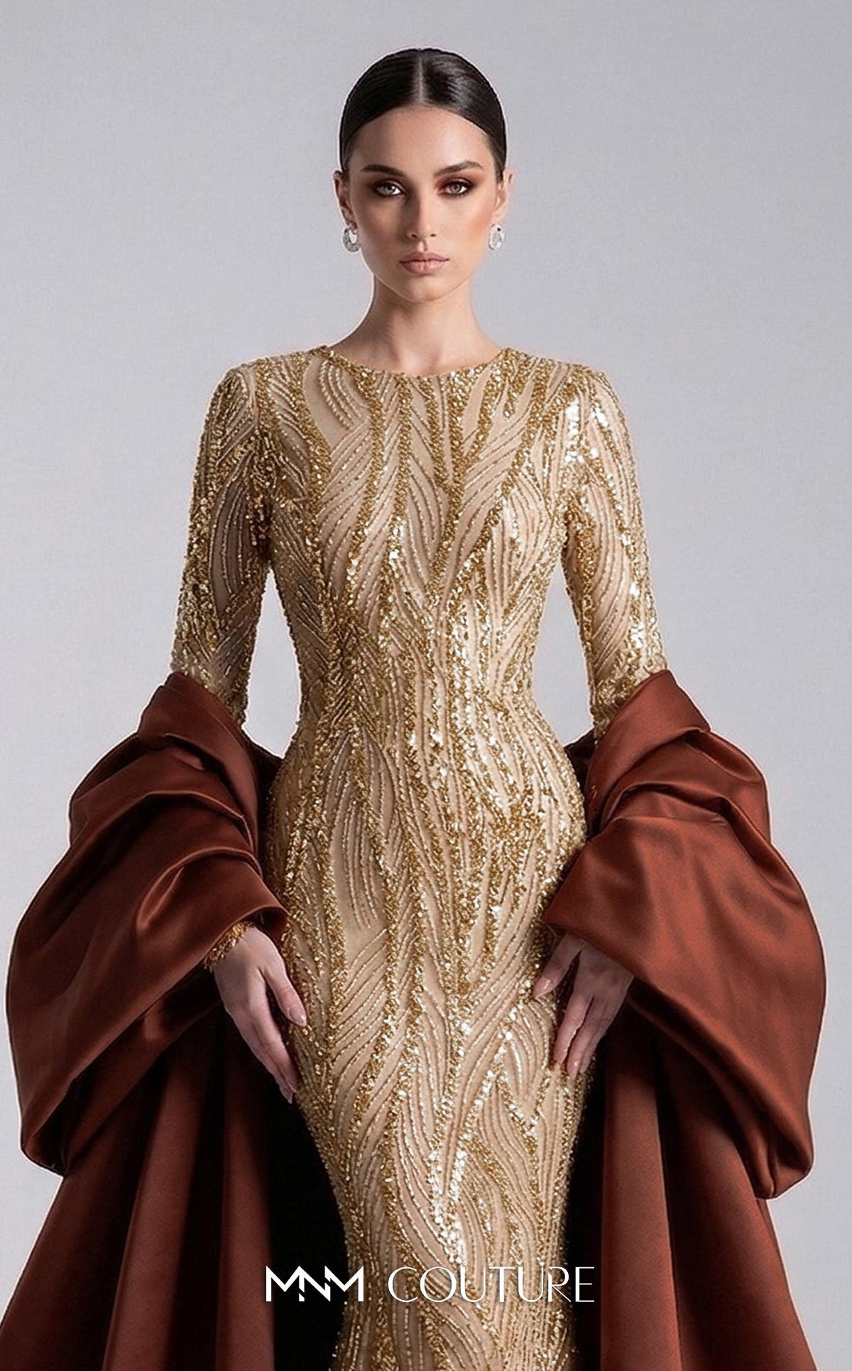 Crew/High-Neck Floor-Length with Train Sequin Formal Sheath/Column MNM Couture F03004