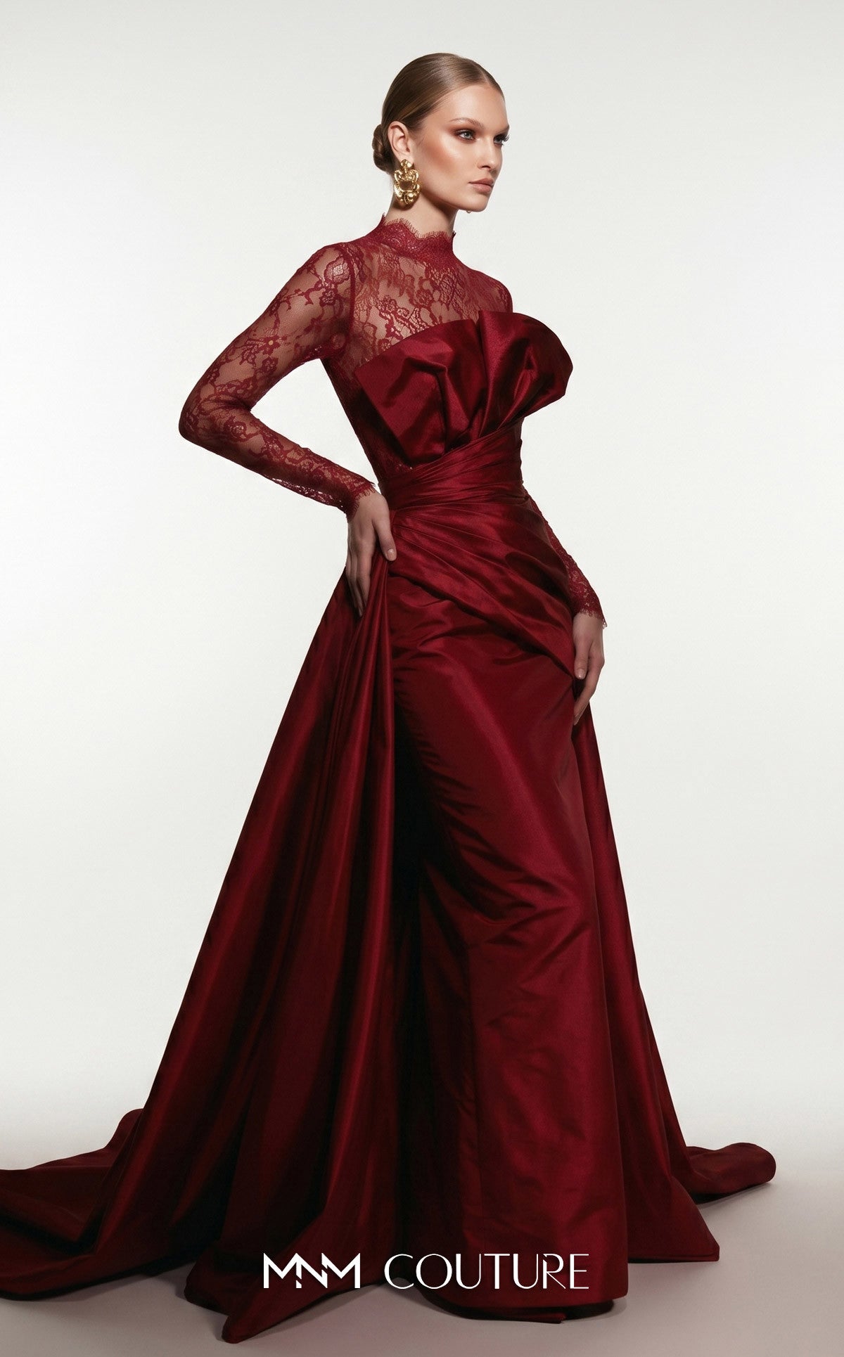 Crew/High-Neck Floor-Length Satin Formal Ball Gown MNM Couture F03006A