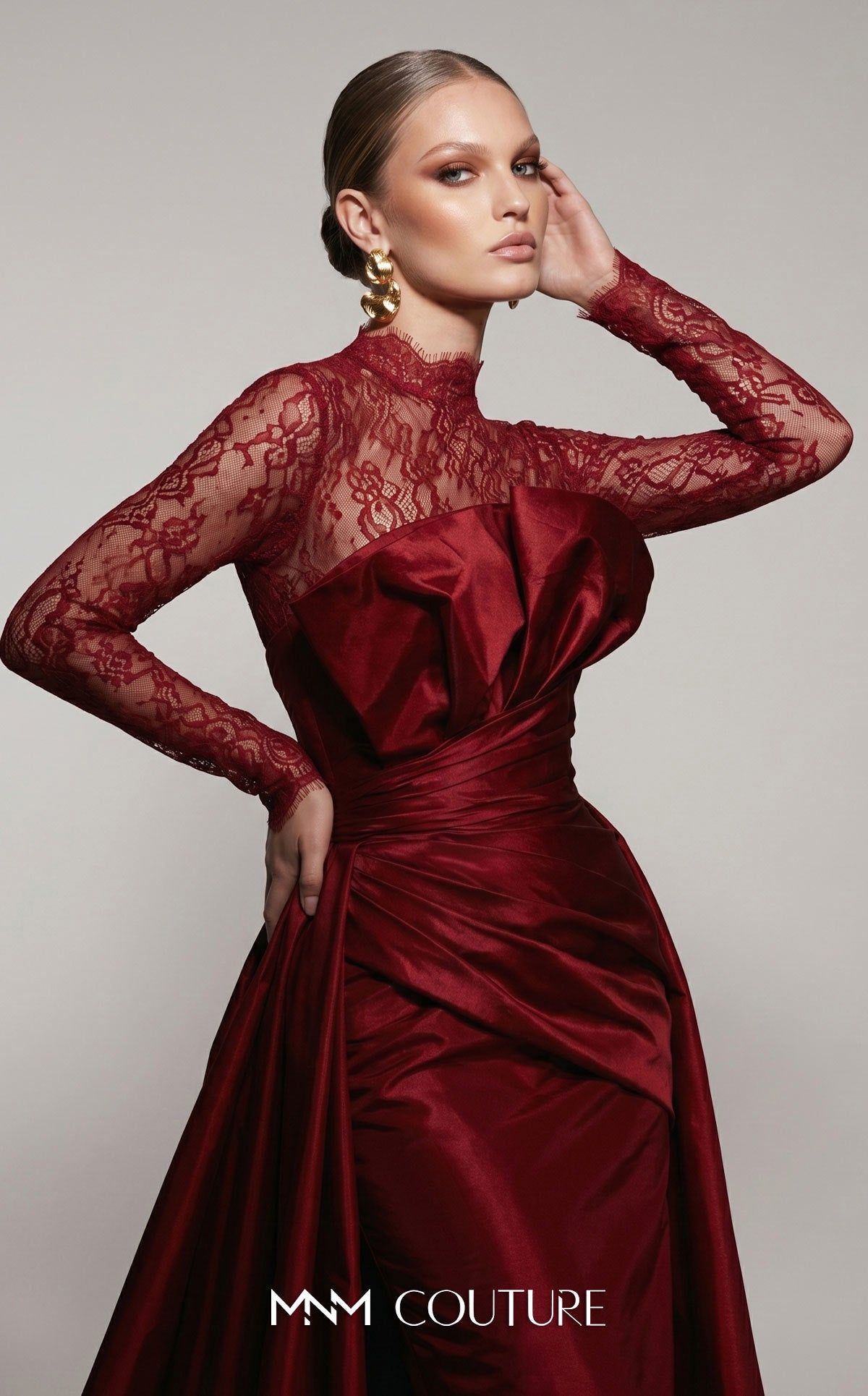 Crew/High-Neck Floor-Length Satin Formal Ball Gown MNM Couture F03006A