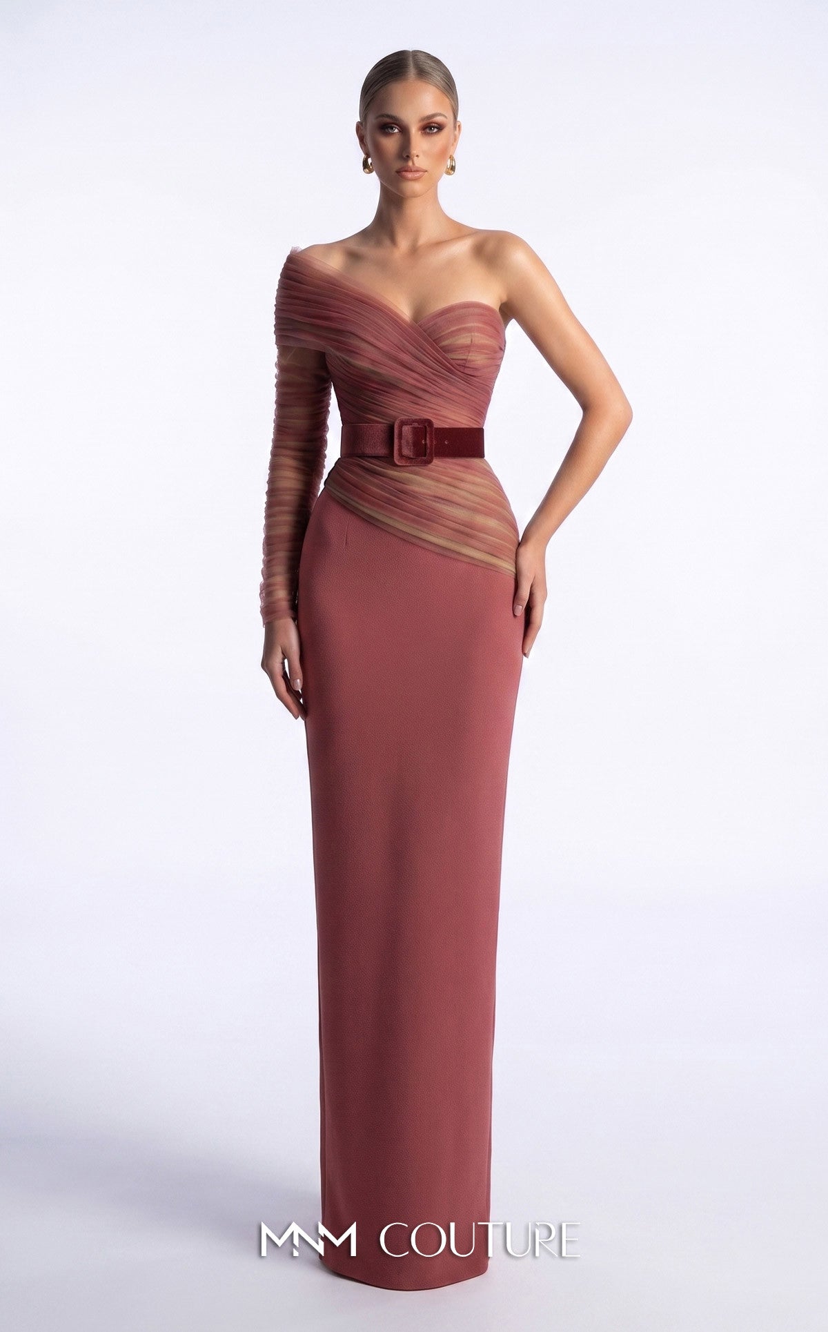 One-Shoulder Floor-Length Scuba Formal Sheath MNM Couture F03008A