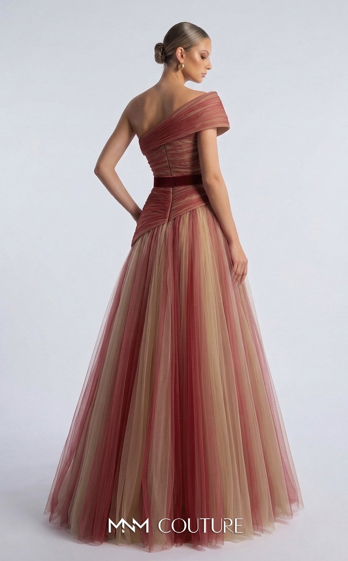 One-Shoulder Floor-Length Tulle Formal A-Line MNM Couture F03008