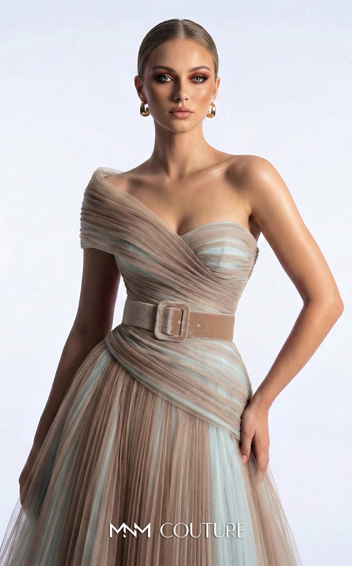 One-Shoulder Floor-Length Tulle Formal A-Line MNM Couture F03008