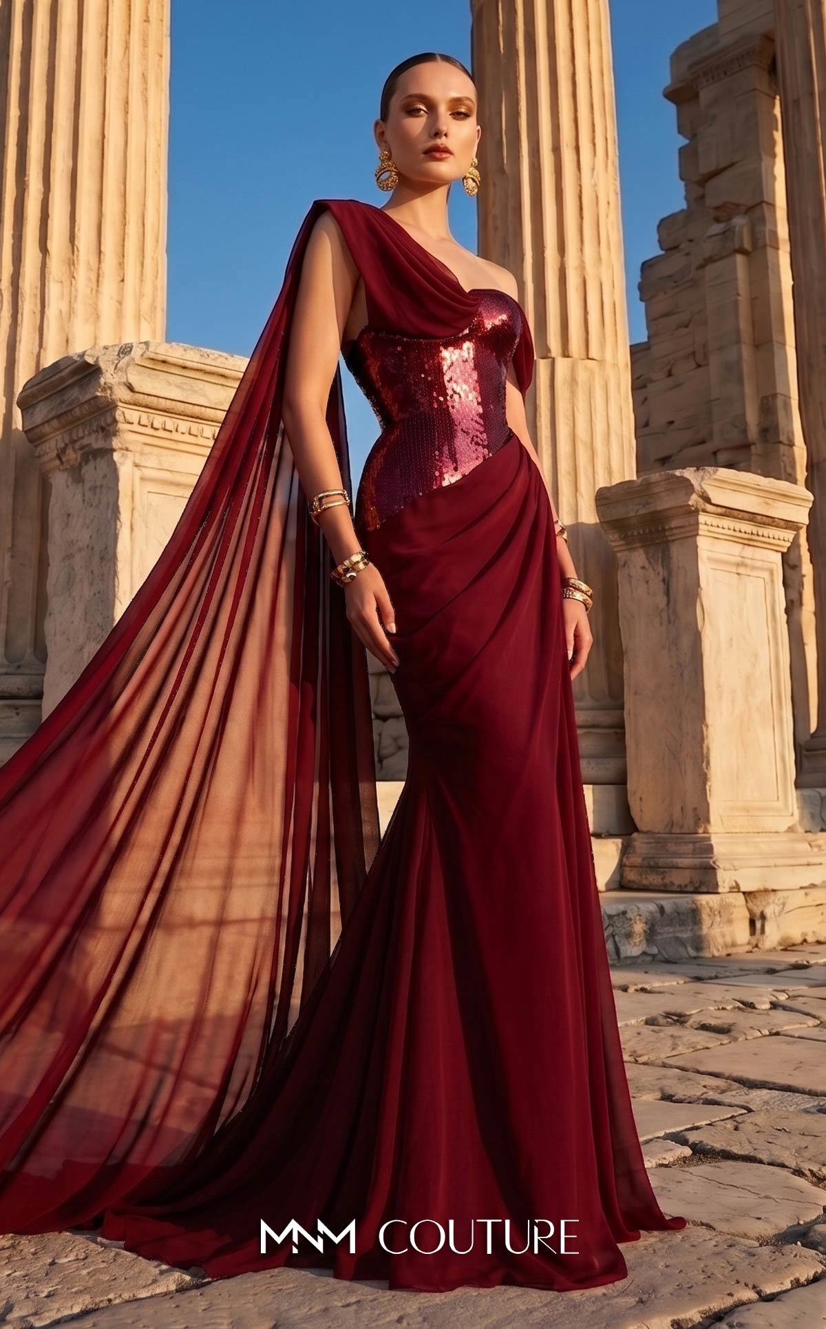 One-Shoulder Floor-Length with Train Chiffon Formal Mermaid/Trumpet MNM Couture F03017