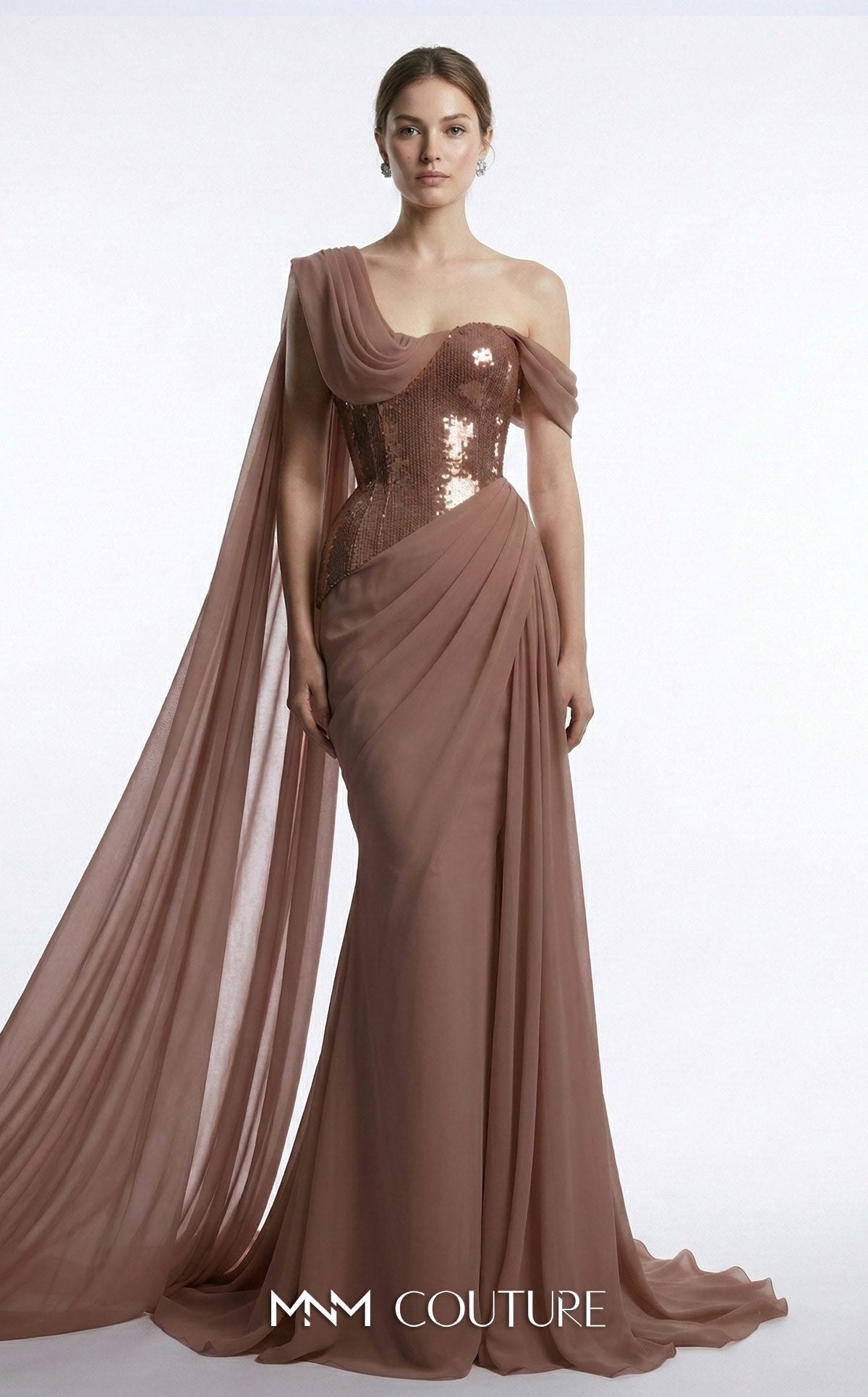 One-Shoulder Floor-Length with Train Chiffon Formal Mermaid/Trumpet MNM Couture F03017