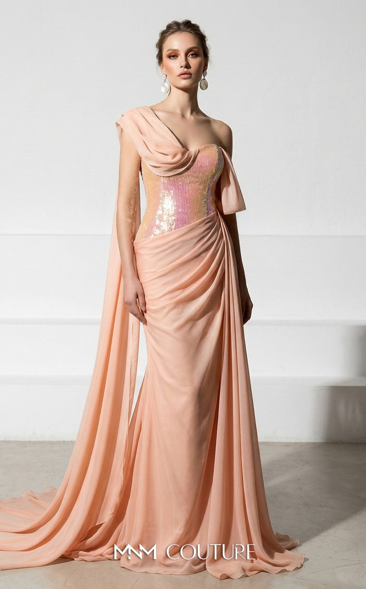 One-Shoulder Floor-Length with Train Chiffon Formal Mermaid/Trumpet MNM Couture F03017