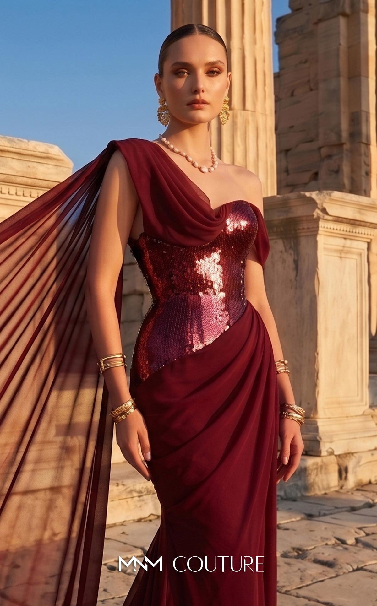 One-Shoulder Floor-Length with Train Chiffon Formal Mermaid/Trumpet MNM Couture F03017
