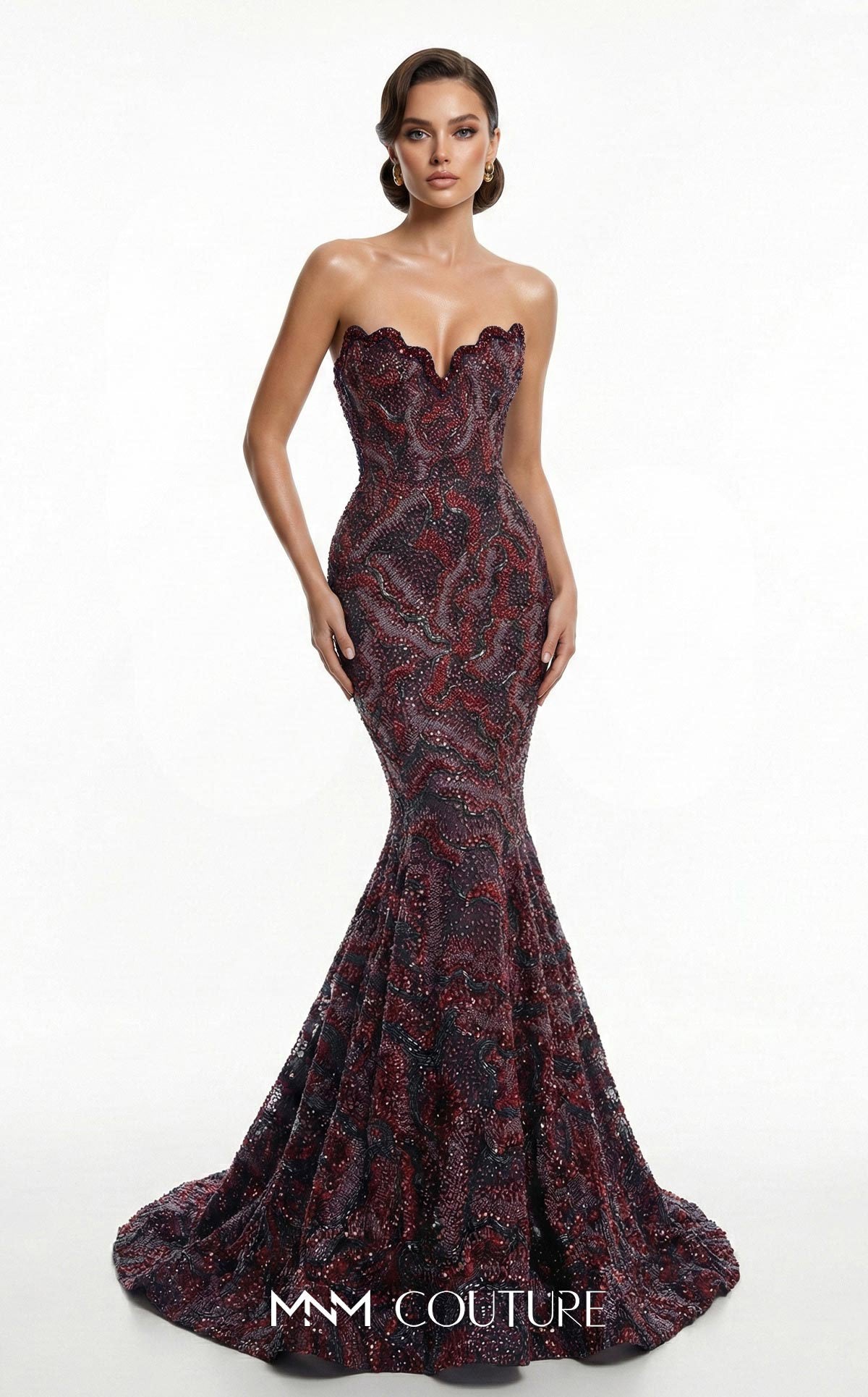 Red Strapless Floor-Length Beaded Prom Dress Mermaid Gown MNM Couture F03018