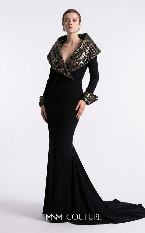 V-Neck Floor-Length Crepe Formal Sheath Column MNM Couture F03019