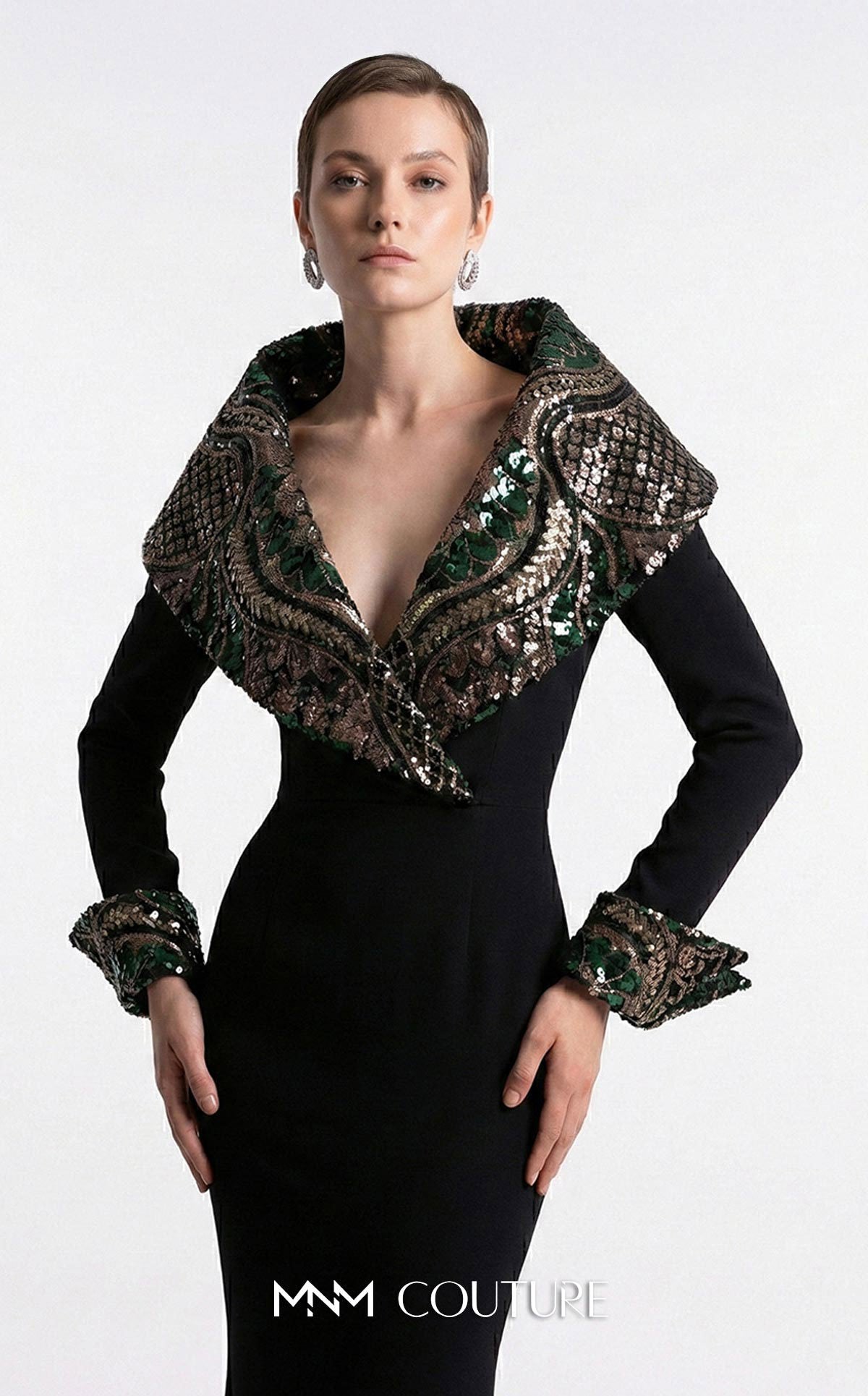 V-Neck Floor-Length Crepe Formal Sheath/Column MNM Couture F03019