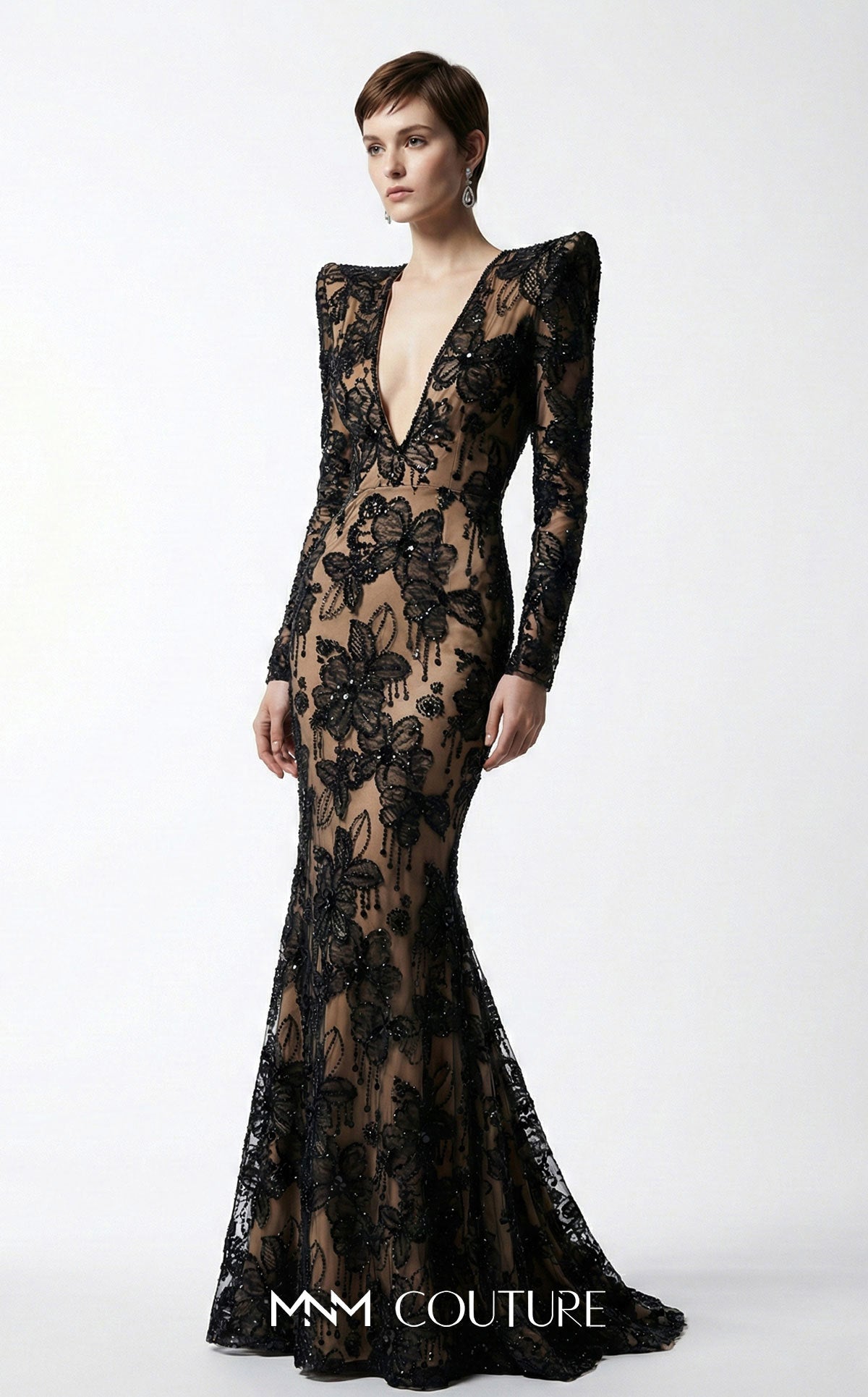 V-Neck Floor-Length Lace Formal Mermaid/Trumpet MNM Couture F03021