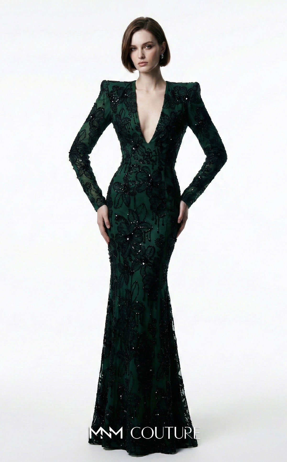 V-Neck Floor-Length Lace Formal Mermaid/Trumpet MNM Couture F03021