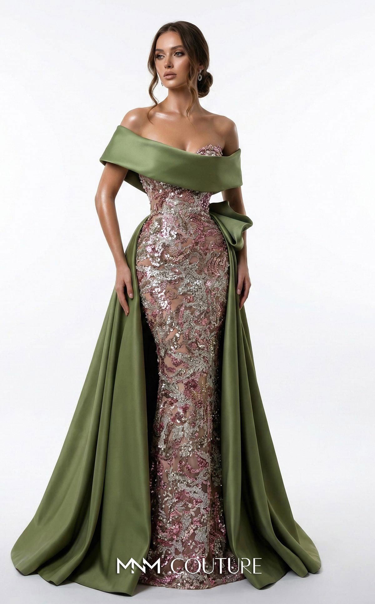 Off-Shoulder Sequin Gown with Overskirt by MNM Couture F03024 in Olive