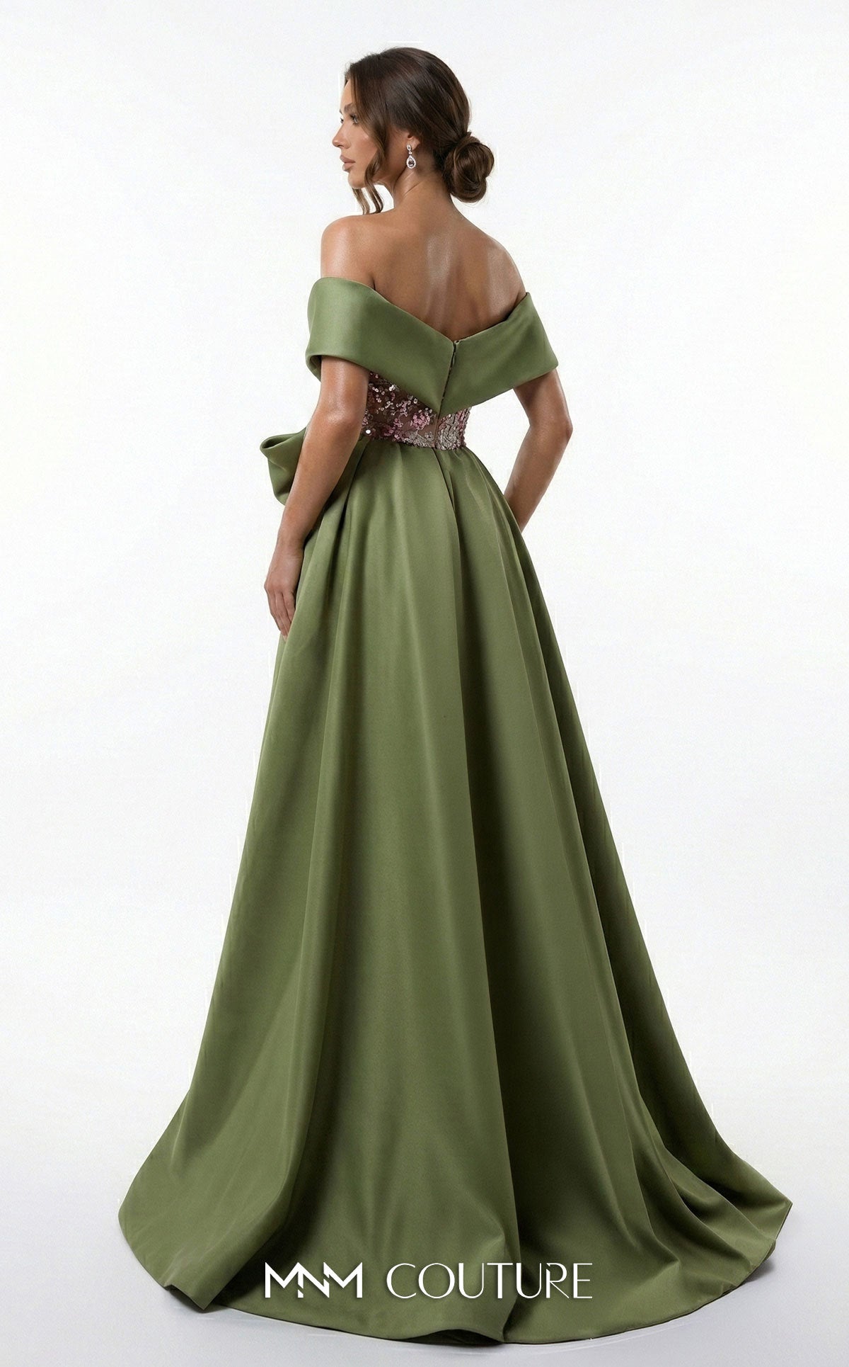 Off-Shoulder Sequin Gown with Overskirt by MNM Couture F03024 in Olive