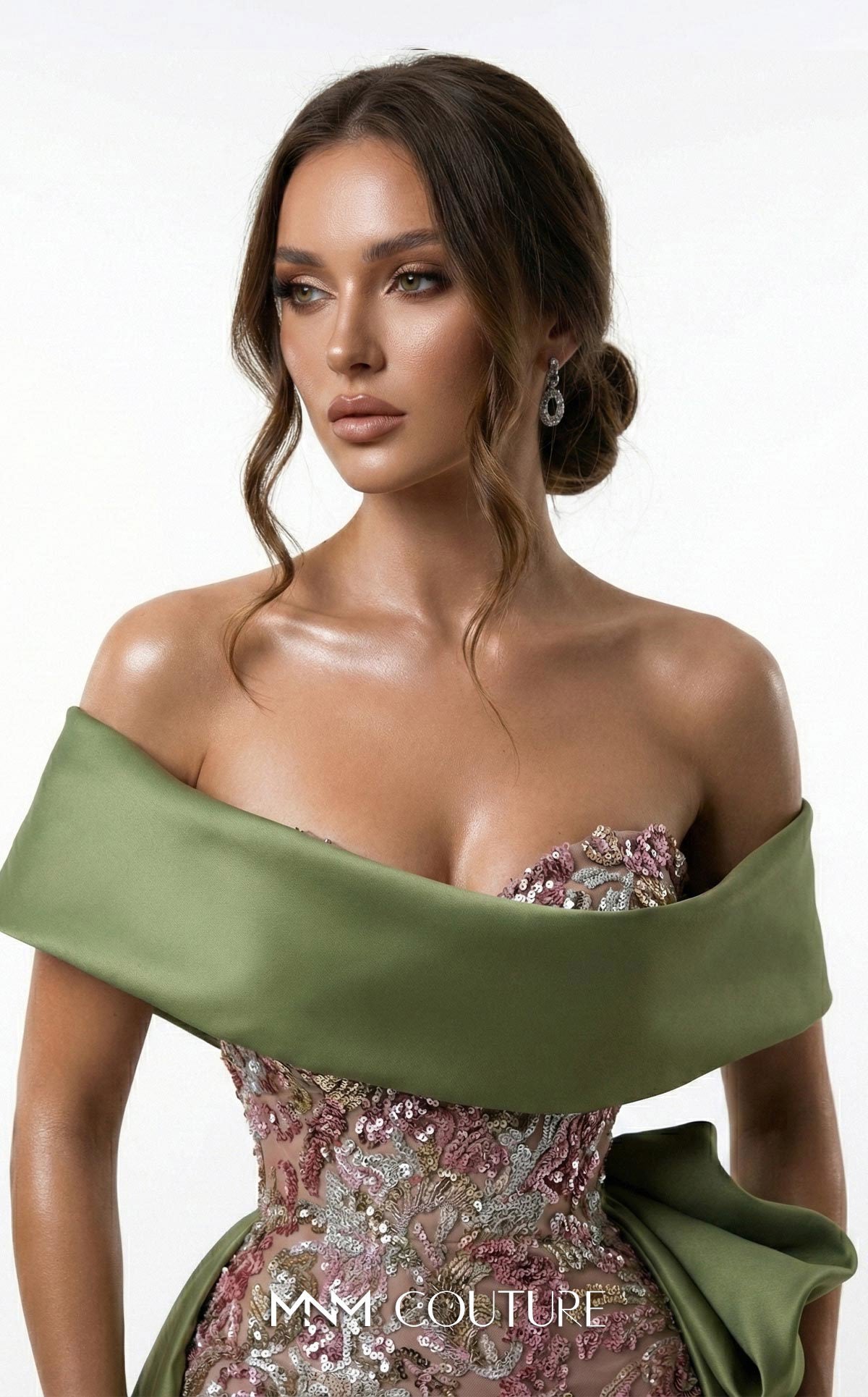 Off-Shoulder Sequin Gown with Overskirt by MNM Couture F03024 in Olive