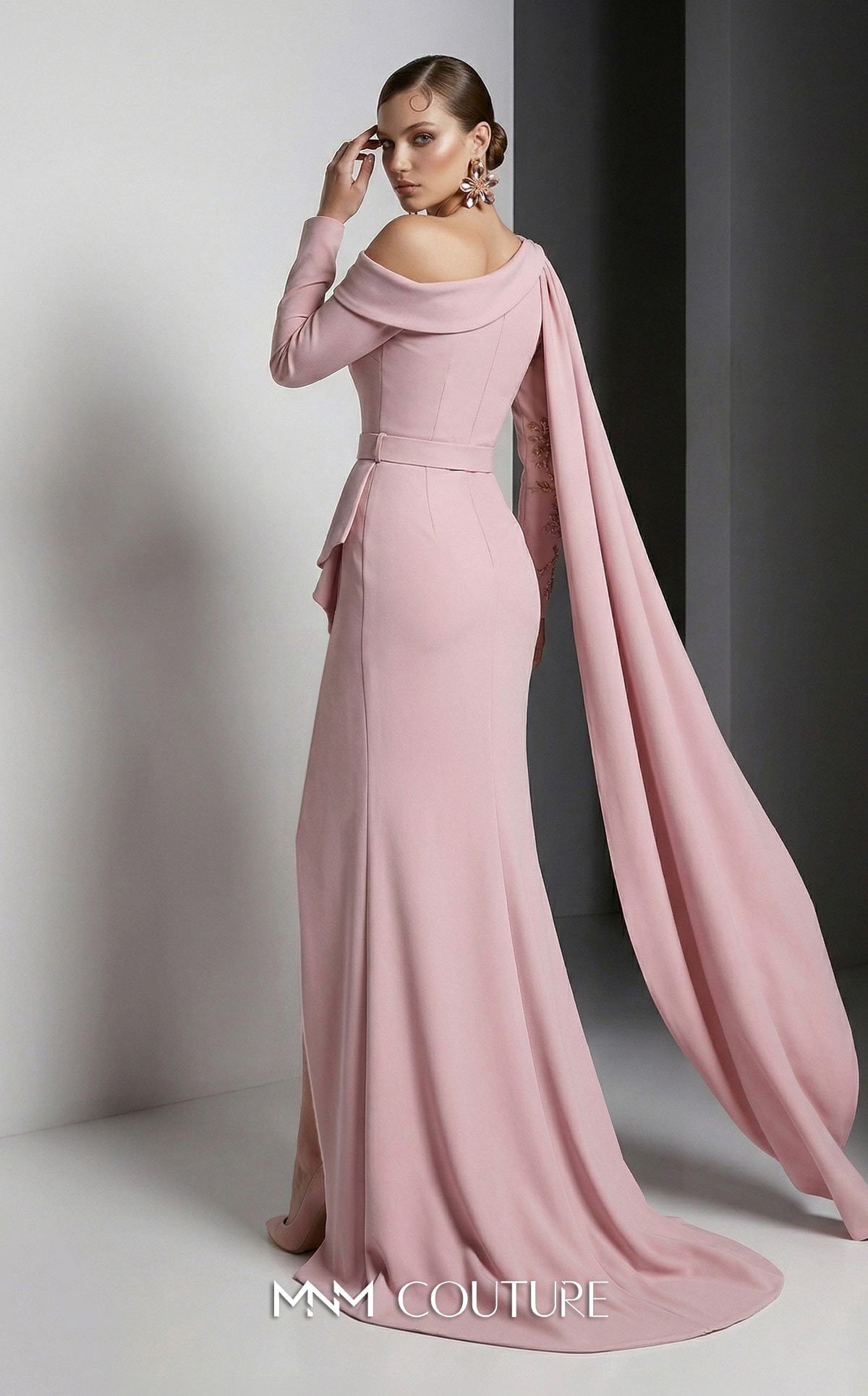 Off-the-Shoulder Floor-Length Crepe Formal Mermaid MNM Couture F03039