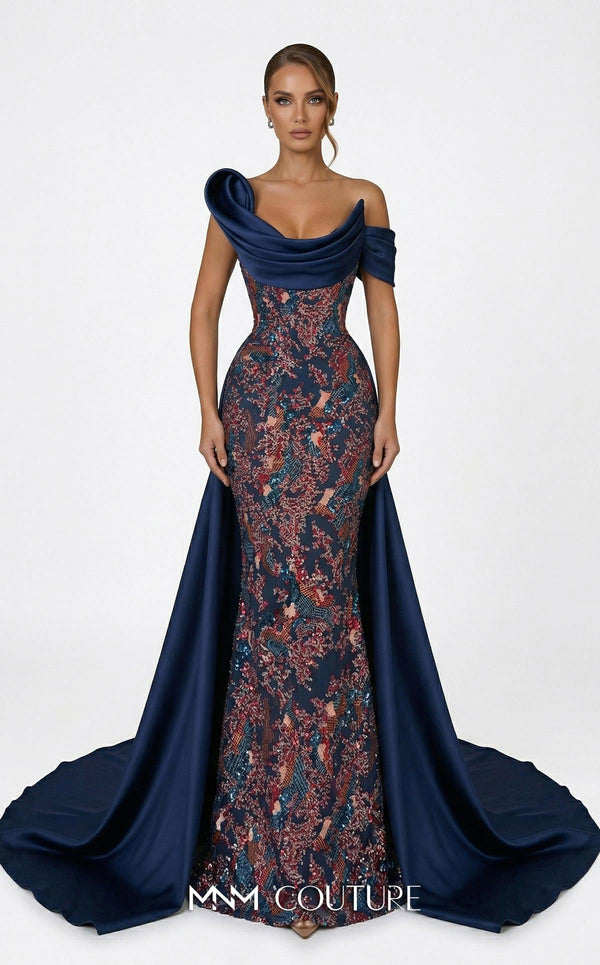 Off-the-Shoulder Floor-Length Satin Evening Mermaid MNM Couture F03044