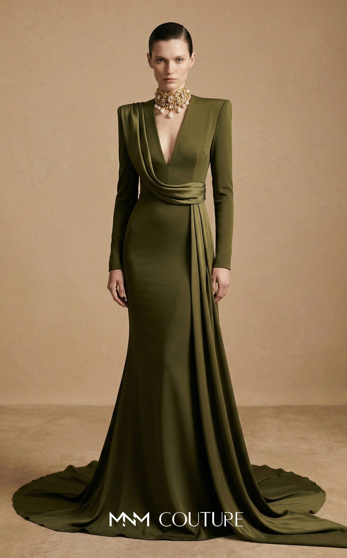 V-Neck Floor-Length Jersey Evening Mermaid MNM Couture F03046