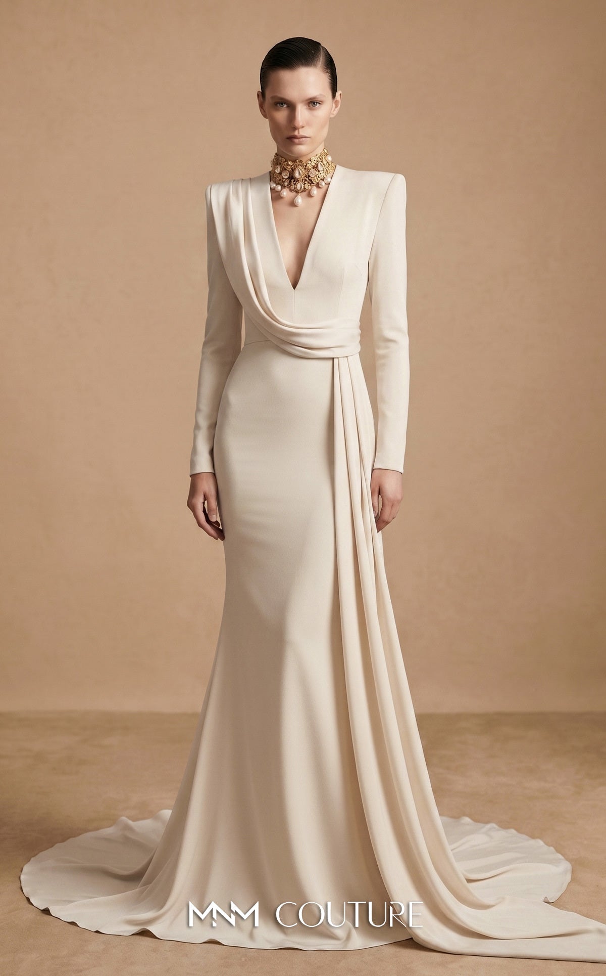 V-Neck Floor-Length Crepe Occasion Mermaid MNM Couture F03046