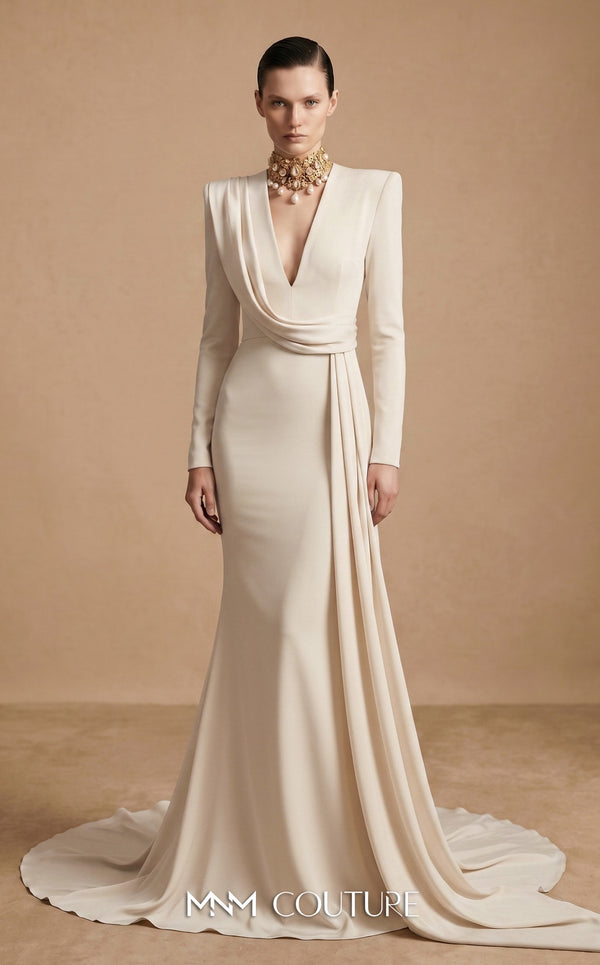V-Neck Floor-Length Crepe Occasion Mermaid MNM Couture F03046