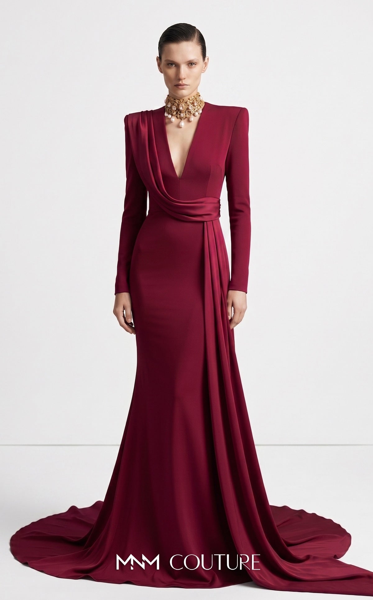 V-Neck Floor-Length Jersey Evening Mermaid MNM Couture F03046
