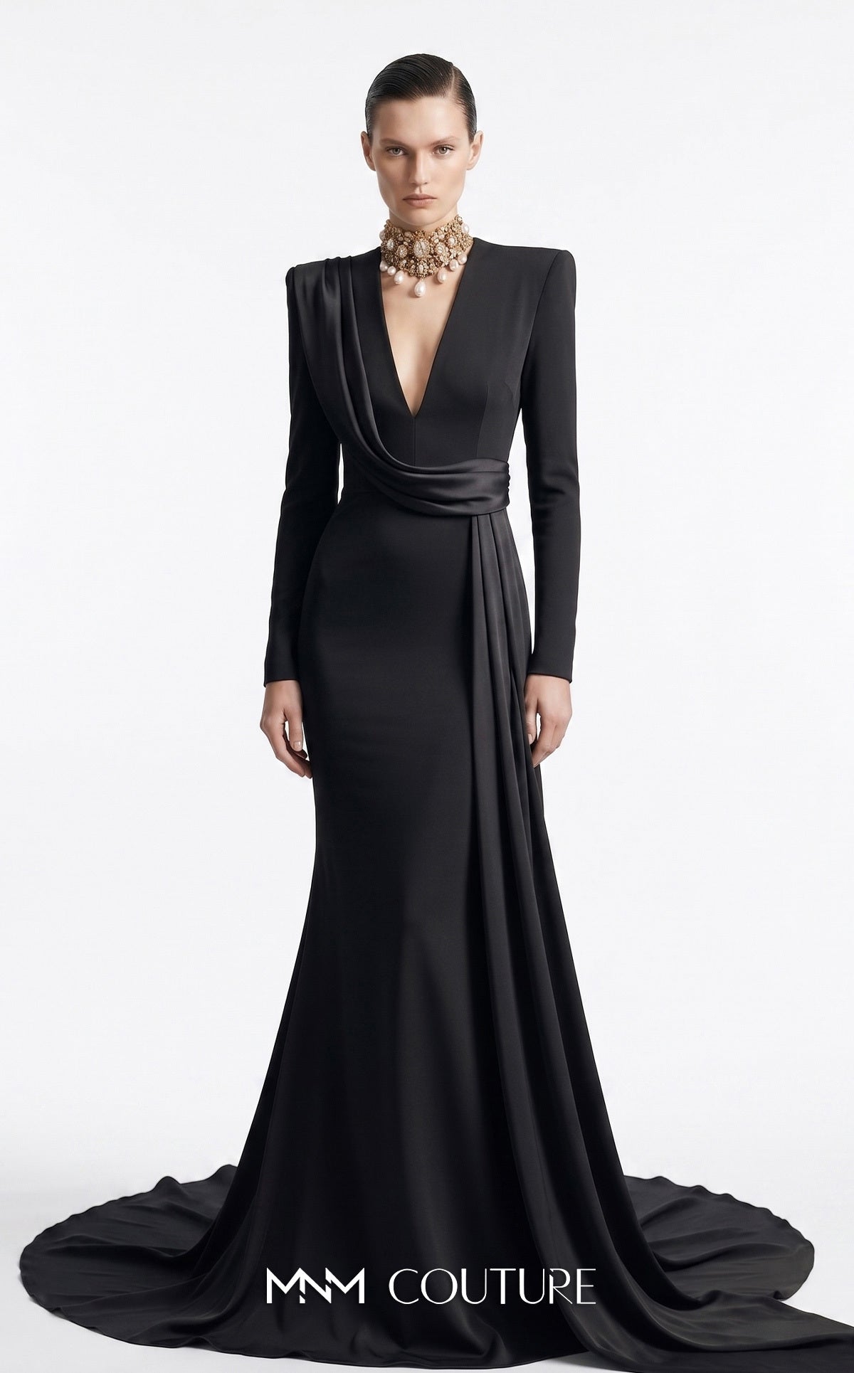 V-Neck Floor-Length Jersey Evening Mermaid MNM Couture F03046