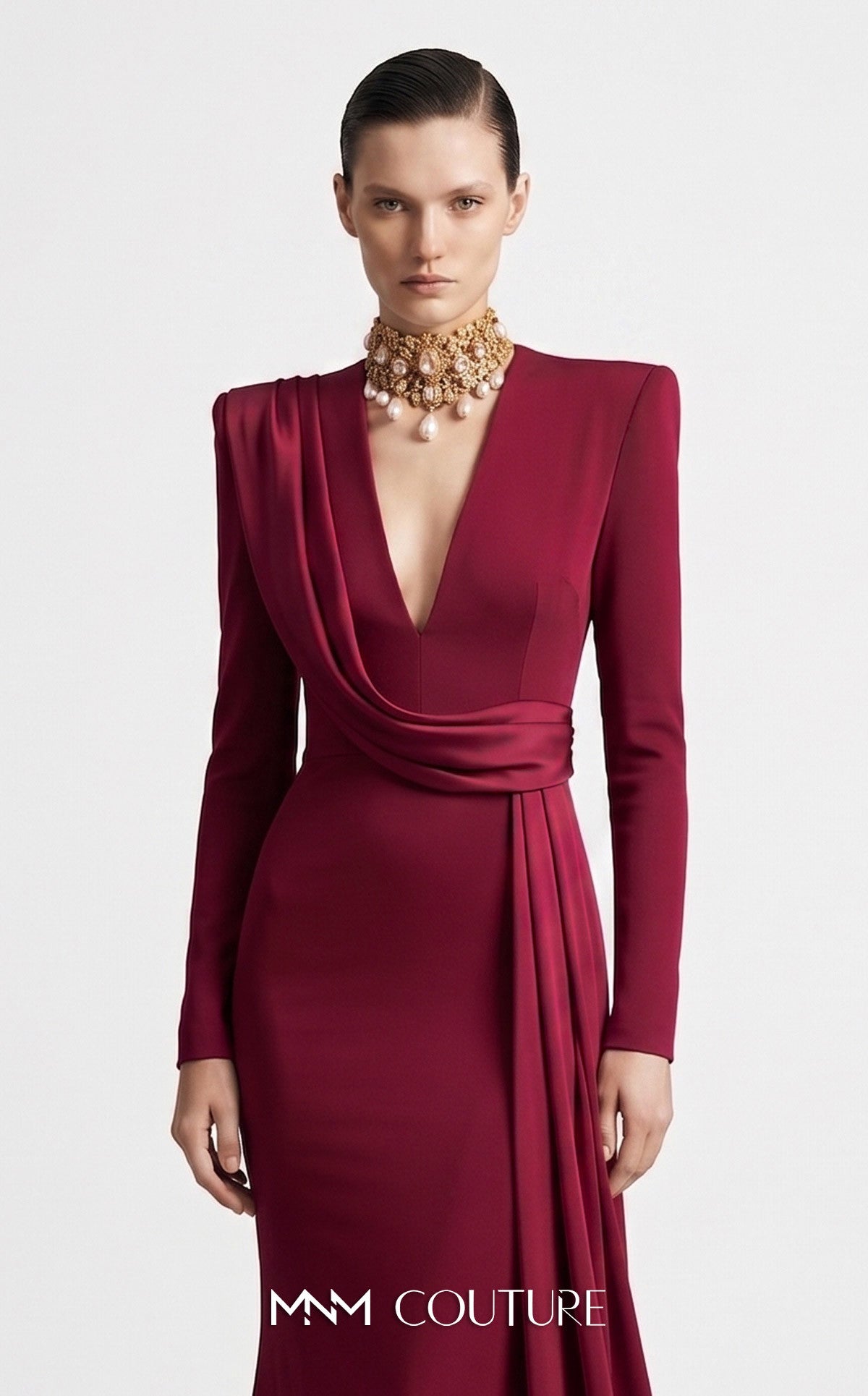 V-Neck Floor-Length Jersey Evening Mermaid MNM Couture F03046