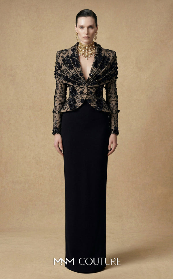 V-Neck Floor-Length Lace Formal Sheath MNM Couture F03047
