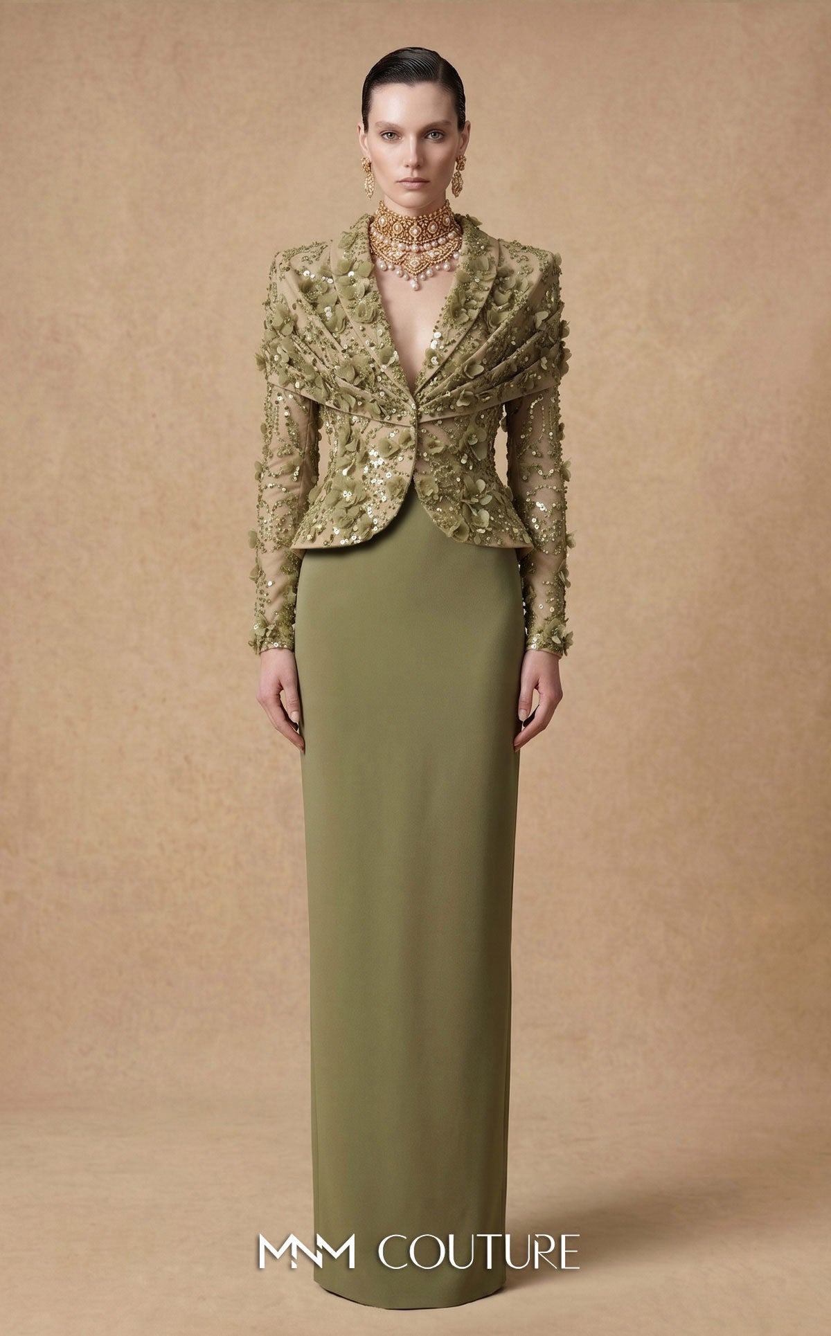 V-Neck Floor-Length Lace Formal Sheath MNM Couture F03047
