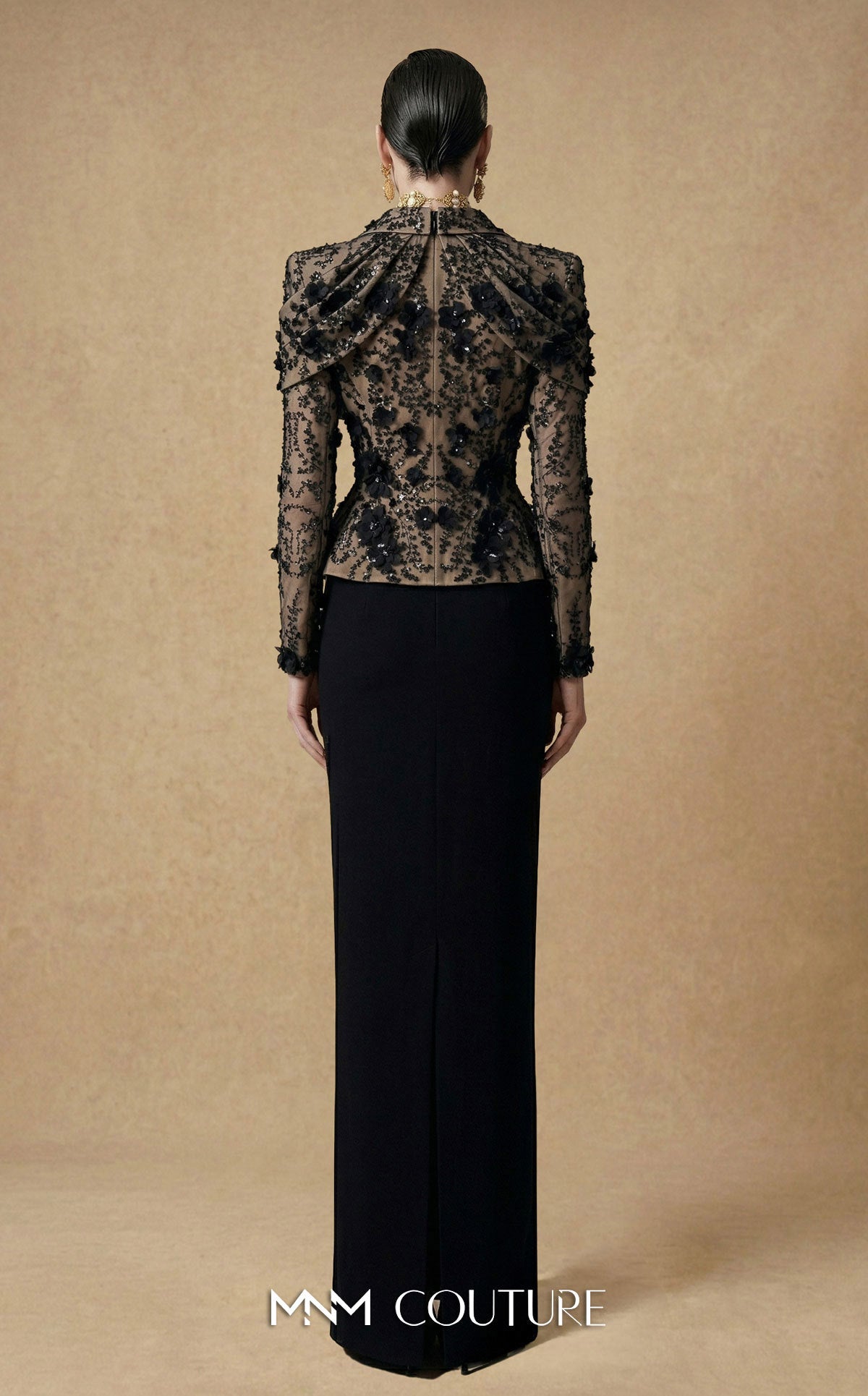 V-Neck Floor-Length Lace Formal Sheath MNM Couture F03047