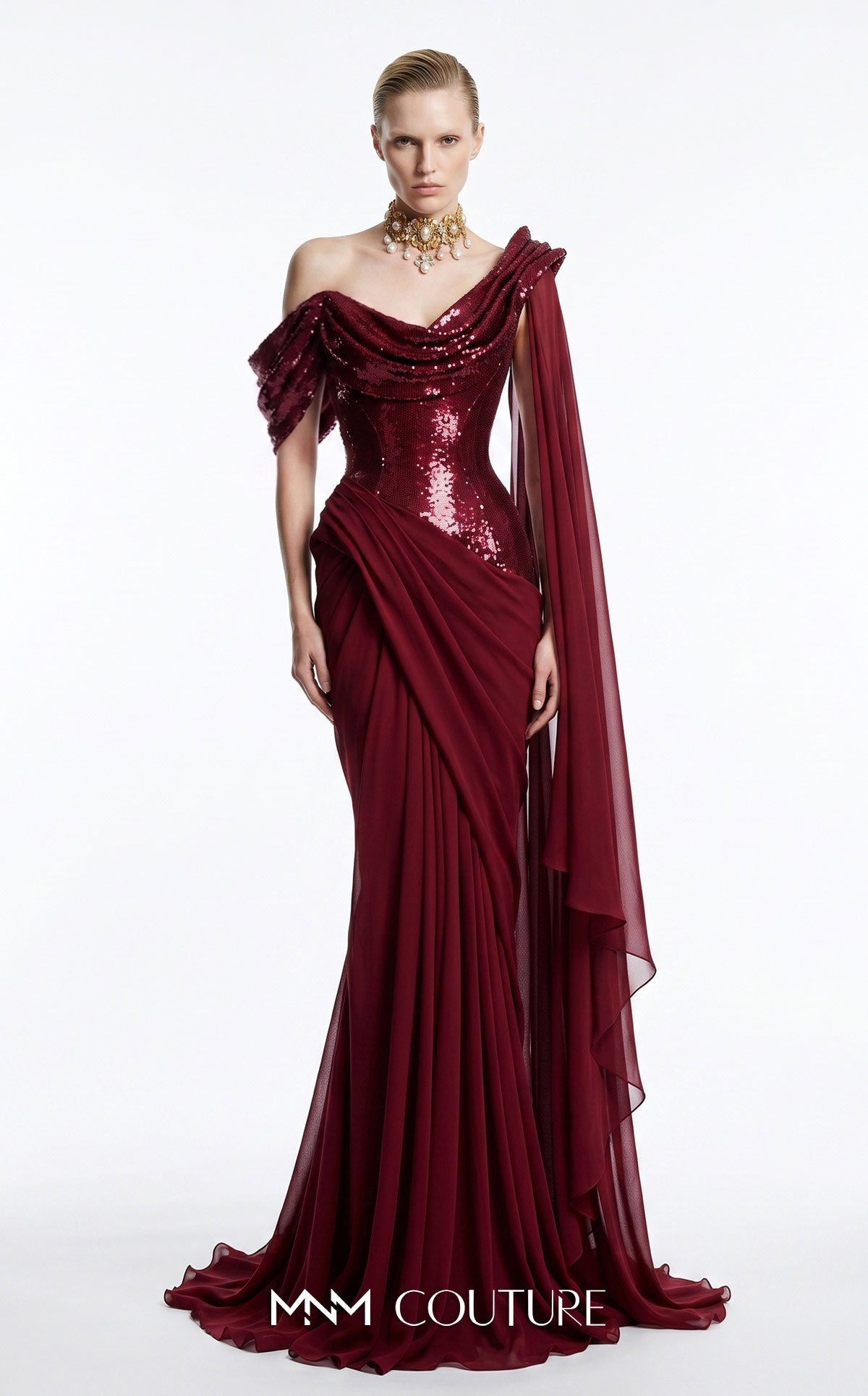 Off-the-Shoulder Floor-Length Sequin Formal Mermaid MNM Couture F03048