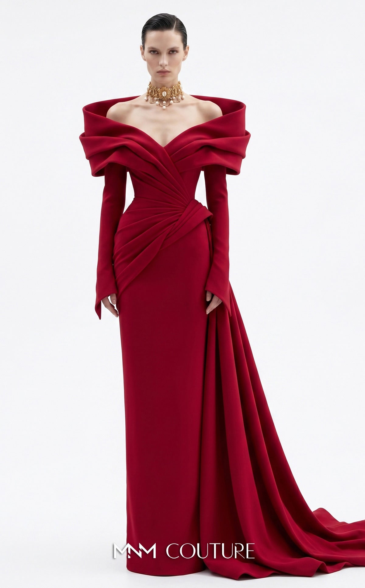 Off-the-Shoulder Floor-Length Crepe Evening Sheath/Column MNM Couture F03049