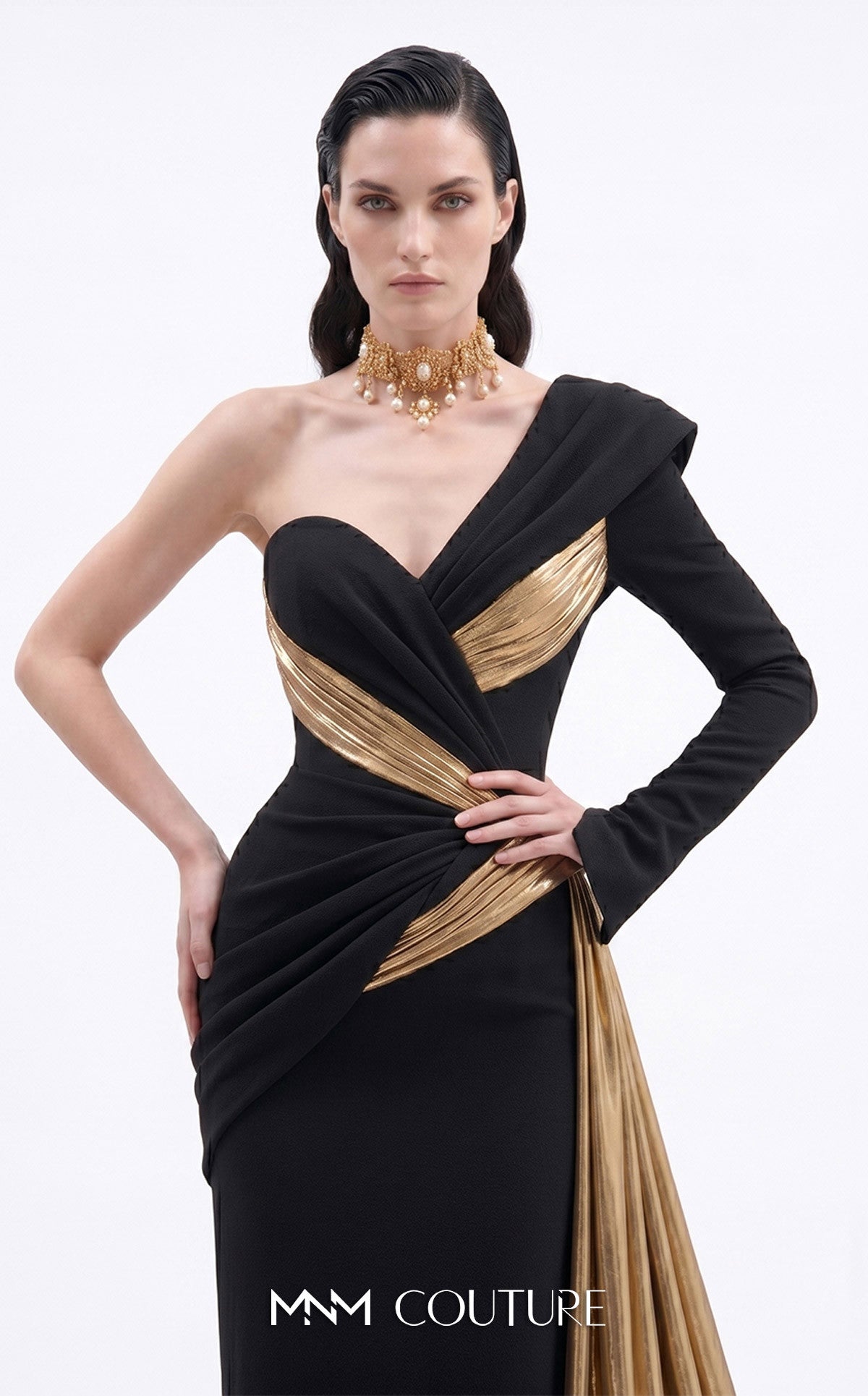One-Shoulder Floor-Length Satin Formal Sheath MNM Couture F03063