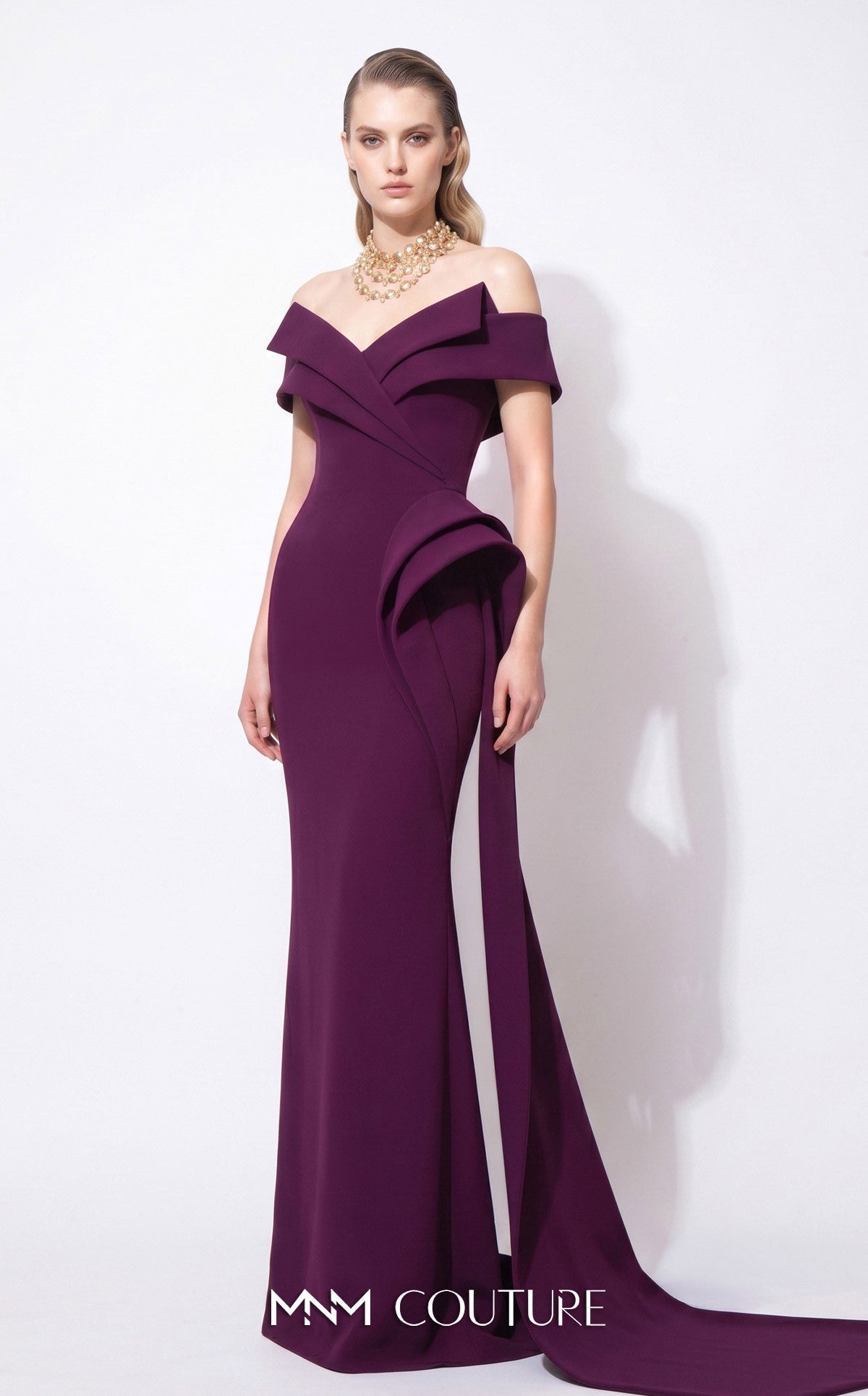 Off-the-Shoulder Floor-Length Scuba Formal Mermaid MNM Couture F03064