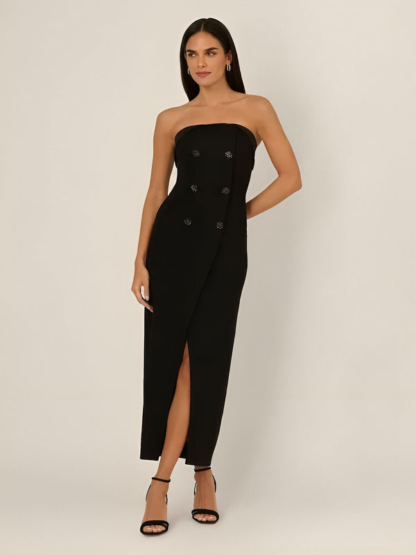 Strapless Midi Crepe Cocktail Dress with Front Slit Adrianna Papell ADAE211446