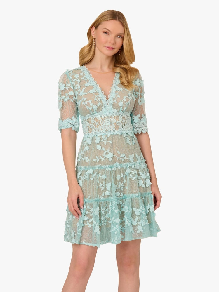 adrianna papell lace dresses Women's V-Neck Embroidered Dress - Airy Aqua Size:Pre-order 6 Months _okendo:syndication_key:CL128401005 Lime Green Cotton Sleeveless length sleeves