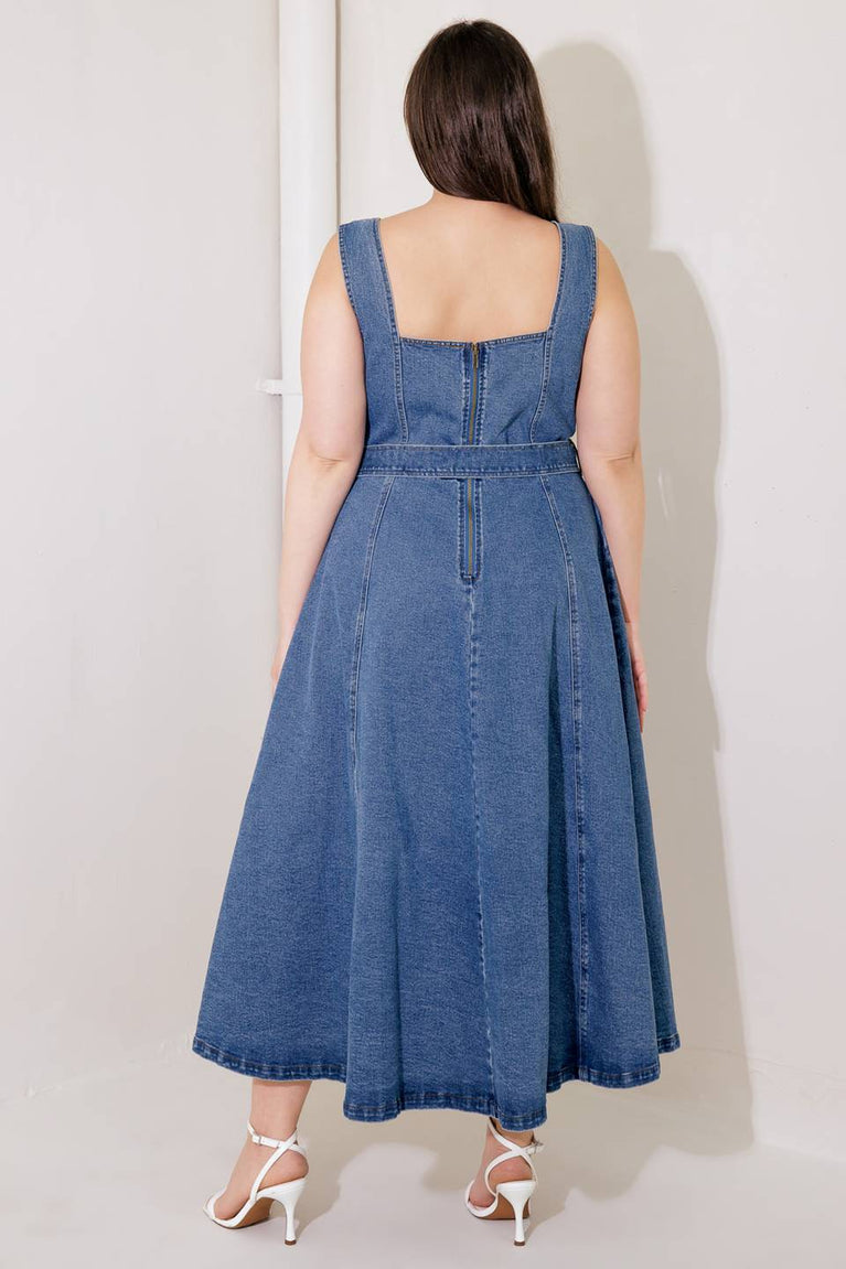 Denim Blue Sweetheart Midi Cotton Cocktail Button-Down A-Line Belted Dress Flying Tomato FD1227