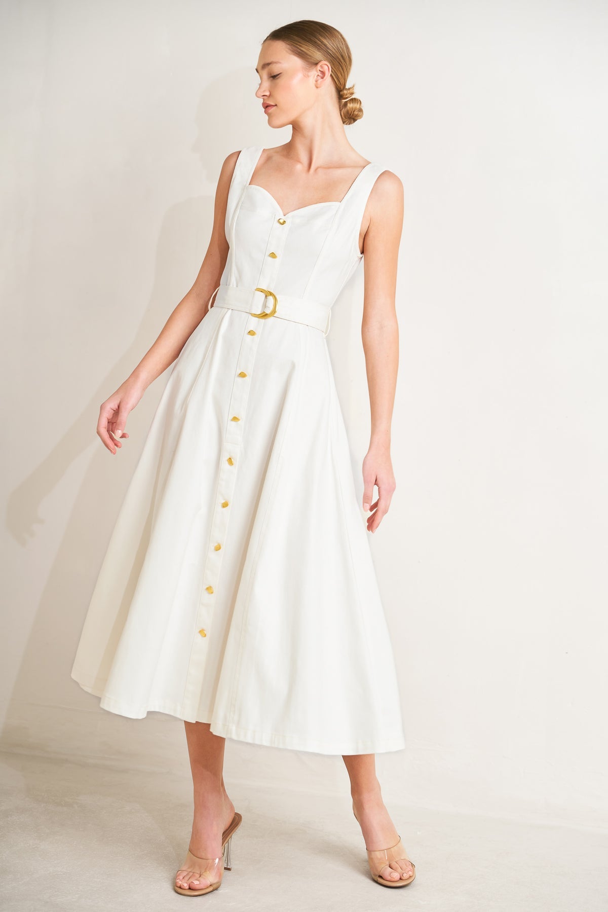 Sweetheart Midi Cotton Cocktail Button-Down A-Line Belted Dress Flying Tomato FD1227