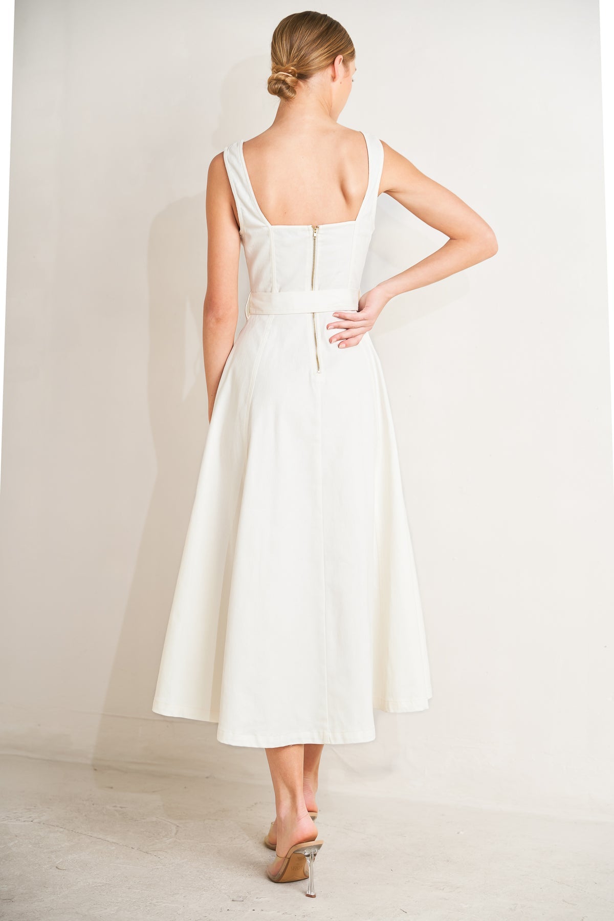 White Sweetheart Midi Cotton Cocktail Button-Down A-Line Belted Dress Flying Tomato FD1227