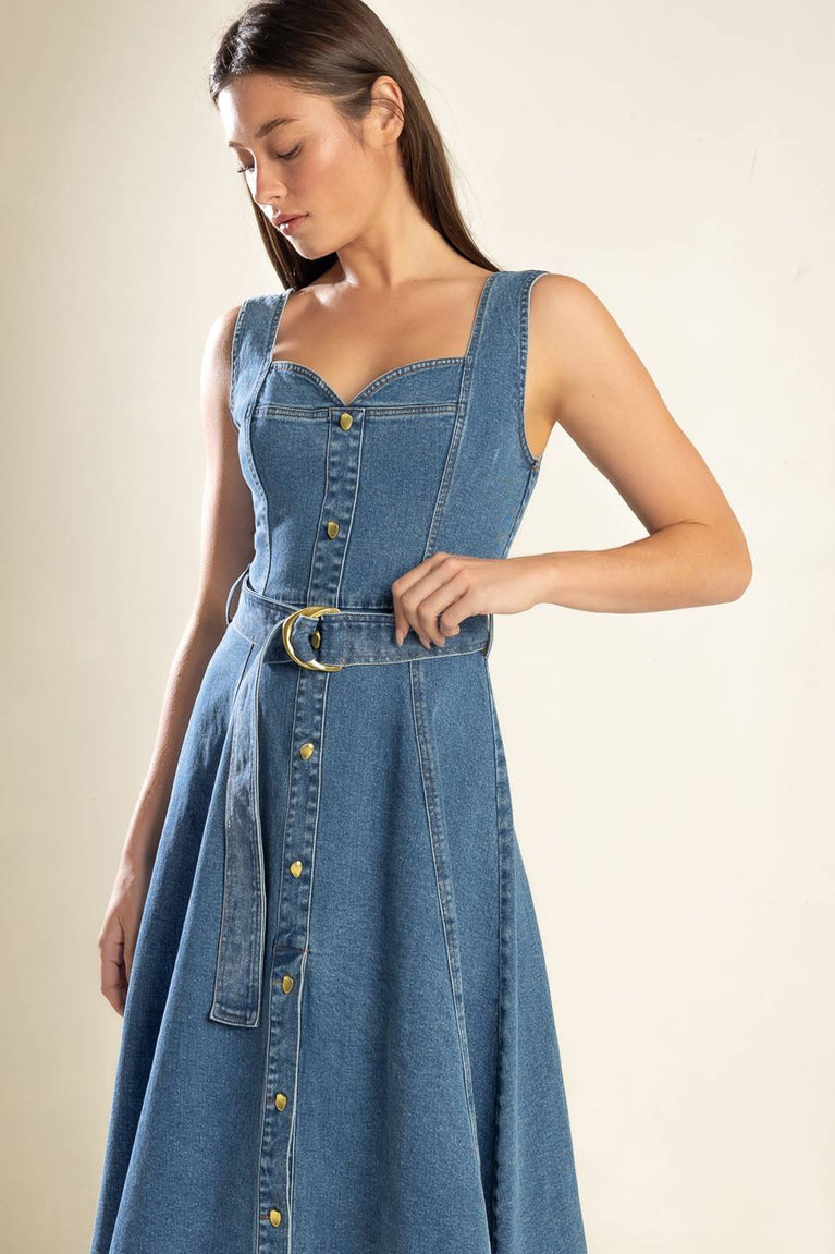 Denim Blue Sweetheart Midi Cotton Cocktail Button-Down A-Line Belted Dress Flying Tomato FD1227