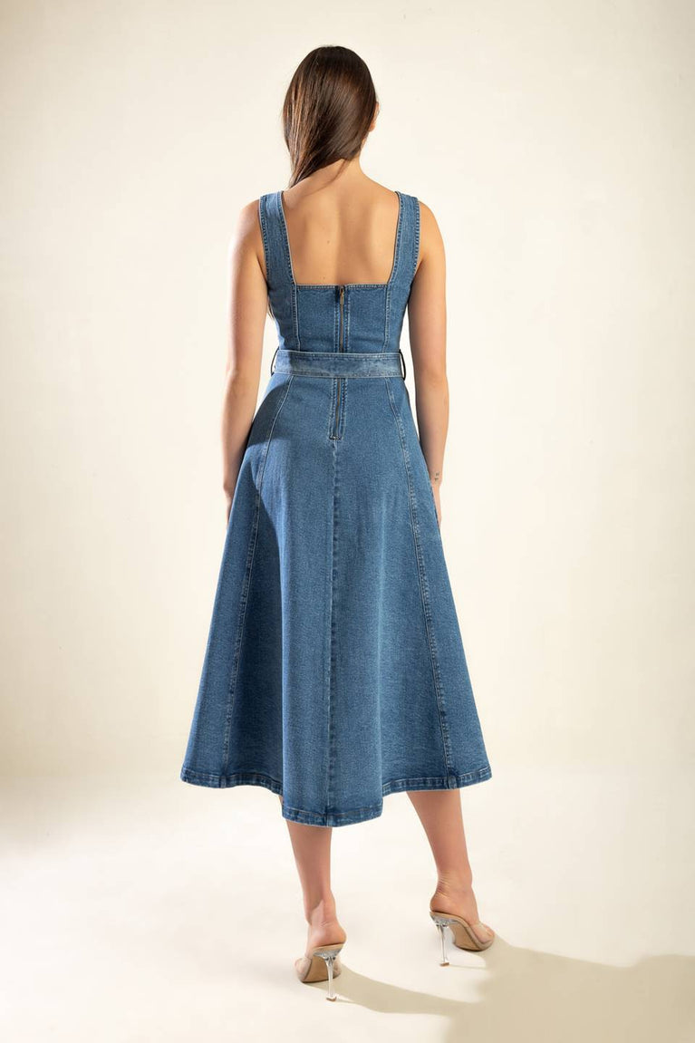Denim Blue Sweetheart Midi Cotton Cocktail Button-Down A-Line Belted Dress Flying Tomato FD1227