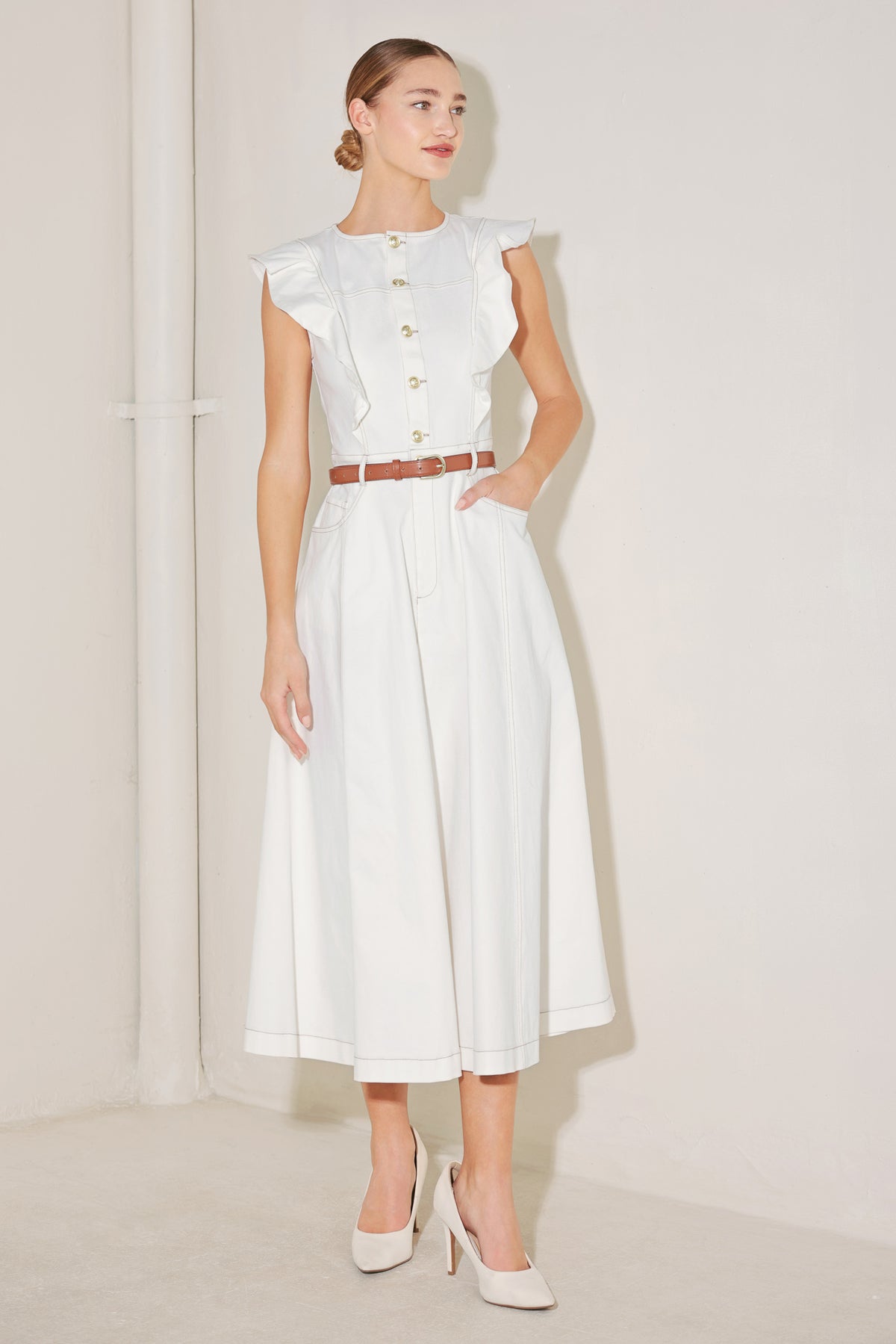 White Round Neck Midi Length Woven Casual Dress with Ruffle Sleeves and Belt Detail Flying Tomato FD1366