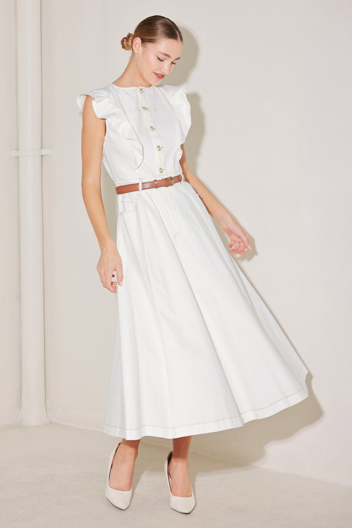White Round Neck Midi Length Woven Casual Dress with Ruffle Sleeves and Belt Detail Flying Tomato FD1366