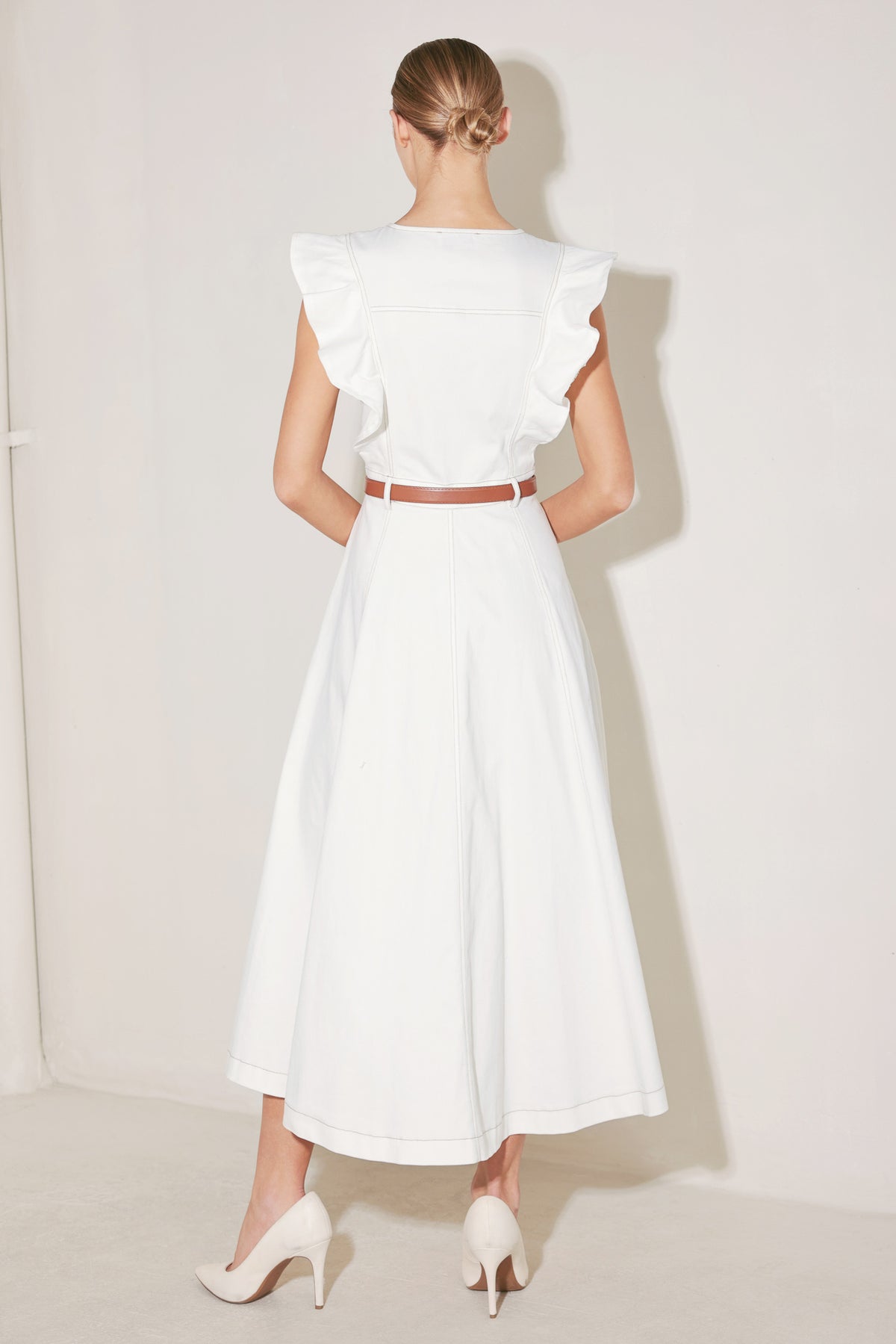 White Round Neck Midi Length Woven Casual Dress with Ruffle Sleeves and Belt Detail Flying Tomato FD1366